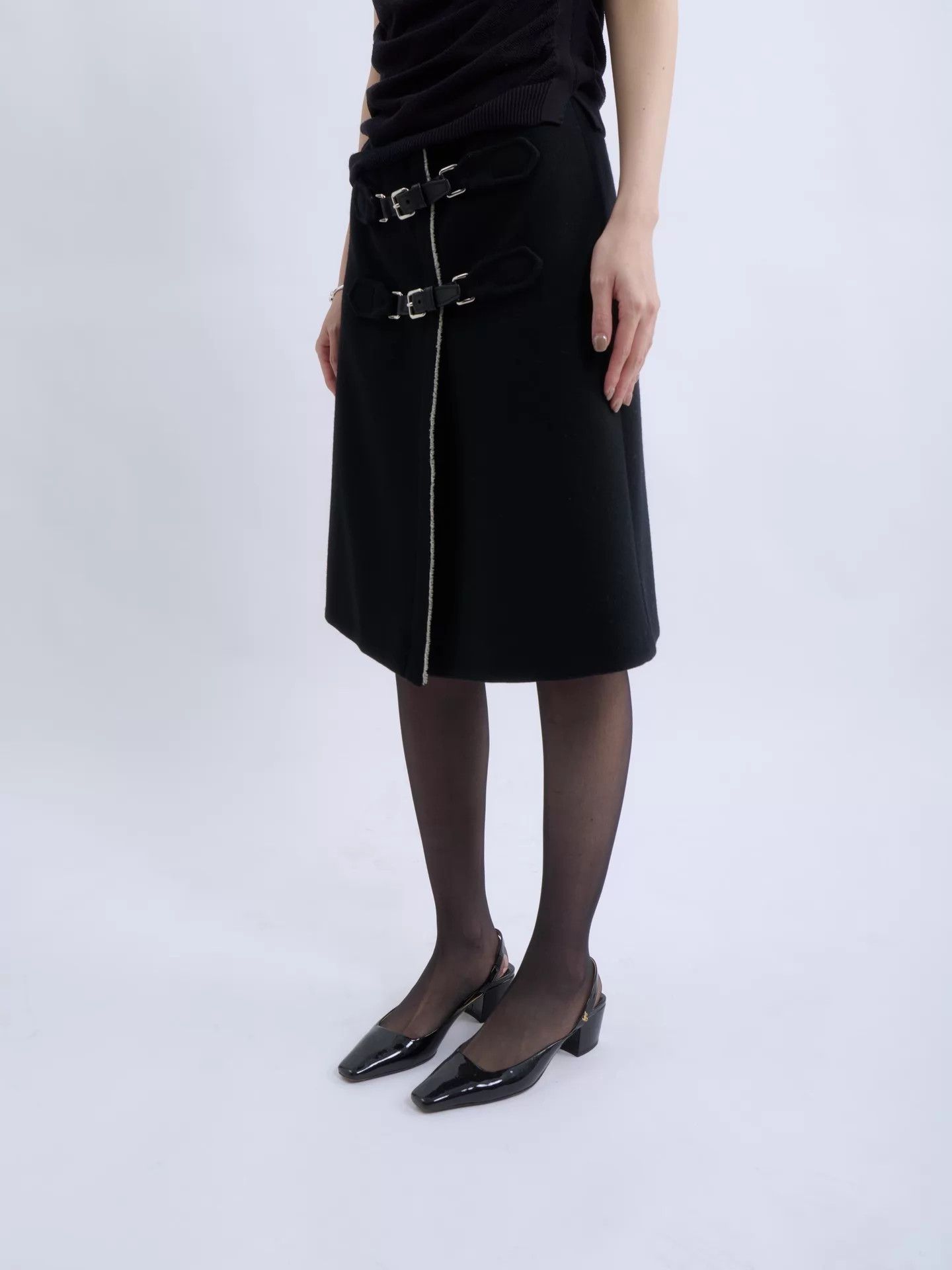 Prada PRADA 00s Double Buckle Black Wool Skirt Women Size 26" / US 2 / IT 38 - 3 Thumbnail