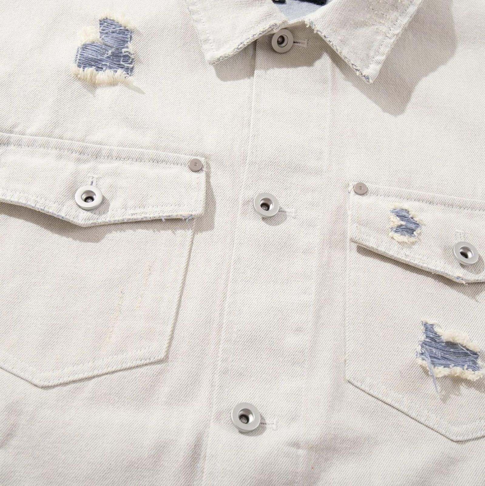 Japanese Brand White Distressed Denim Jacket with Blue Patch Detailing Size M / US 6-8 / IT 42-44 - 2 Thumbnail