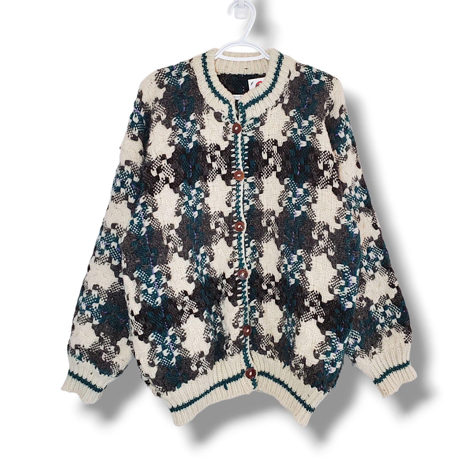 Vintage Vintage 90s Patterned Heavy Knit Cardigan Green Size L Size US L / EU 52-54 / 3 - 1 Thumbnail