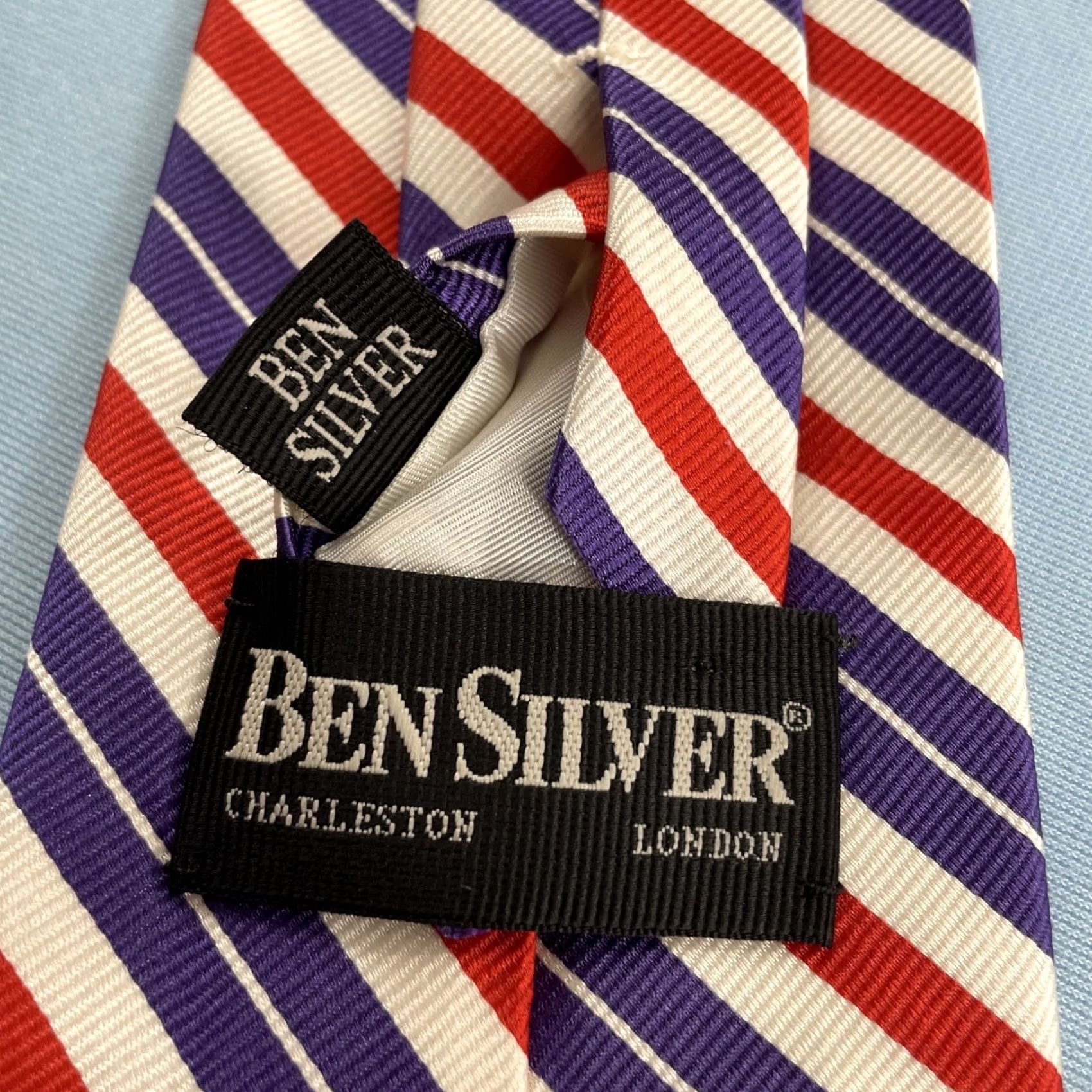 Vintage Ben Silver London Silk Repp Tie Purple Red White Stripe Vintage Handmade 3.5x57" Mens Tie Size ONE SIZE - 4 Thumbnail