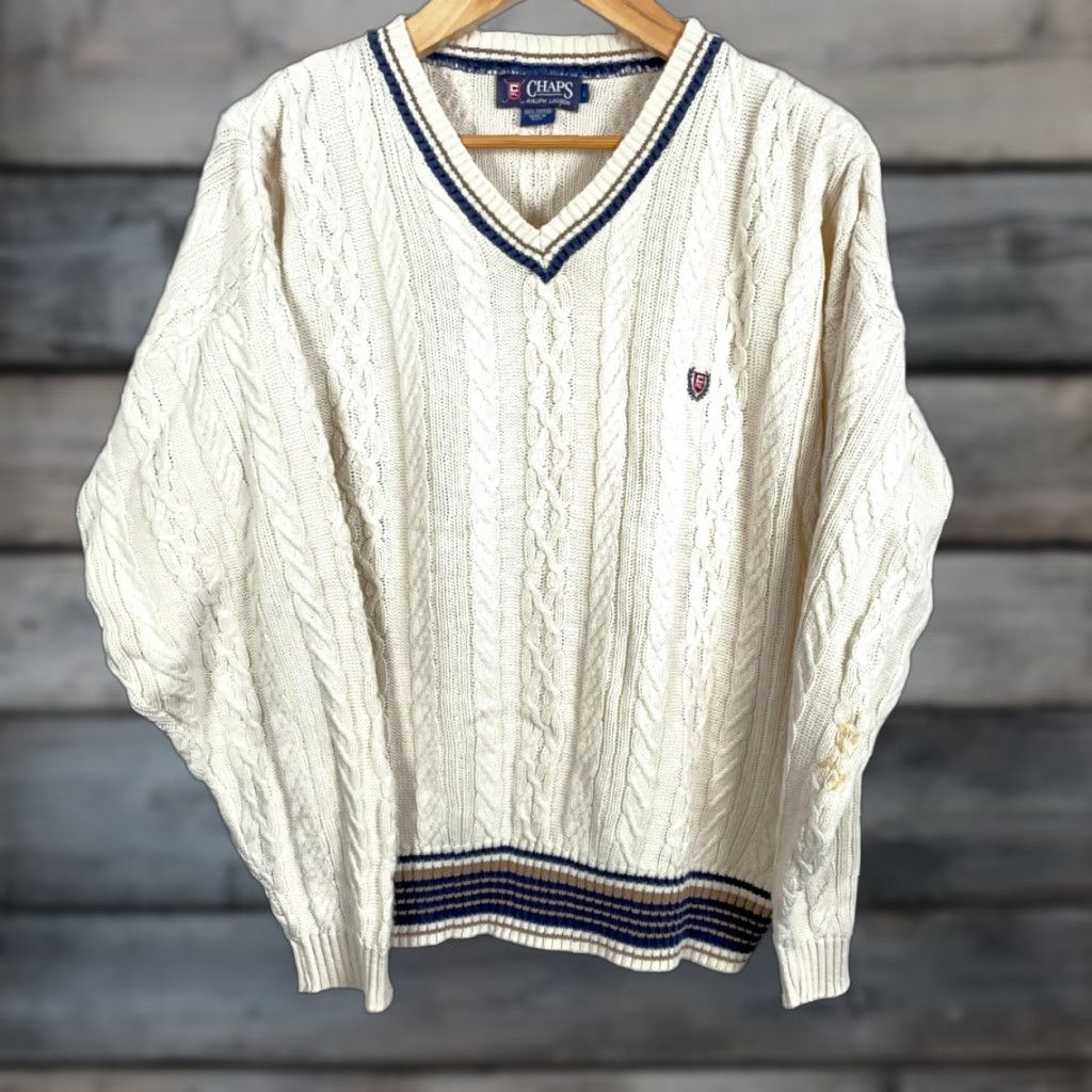 Chaps VINTAGE Chaps Ralph Lauren Tennis Sweater Men’s Large Ivory Cotton Cable Knit V-Neck Pullover Size US L / EU 52-54 / 3 - 1 Thumbnail