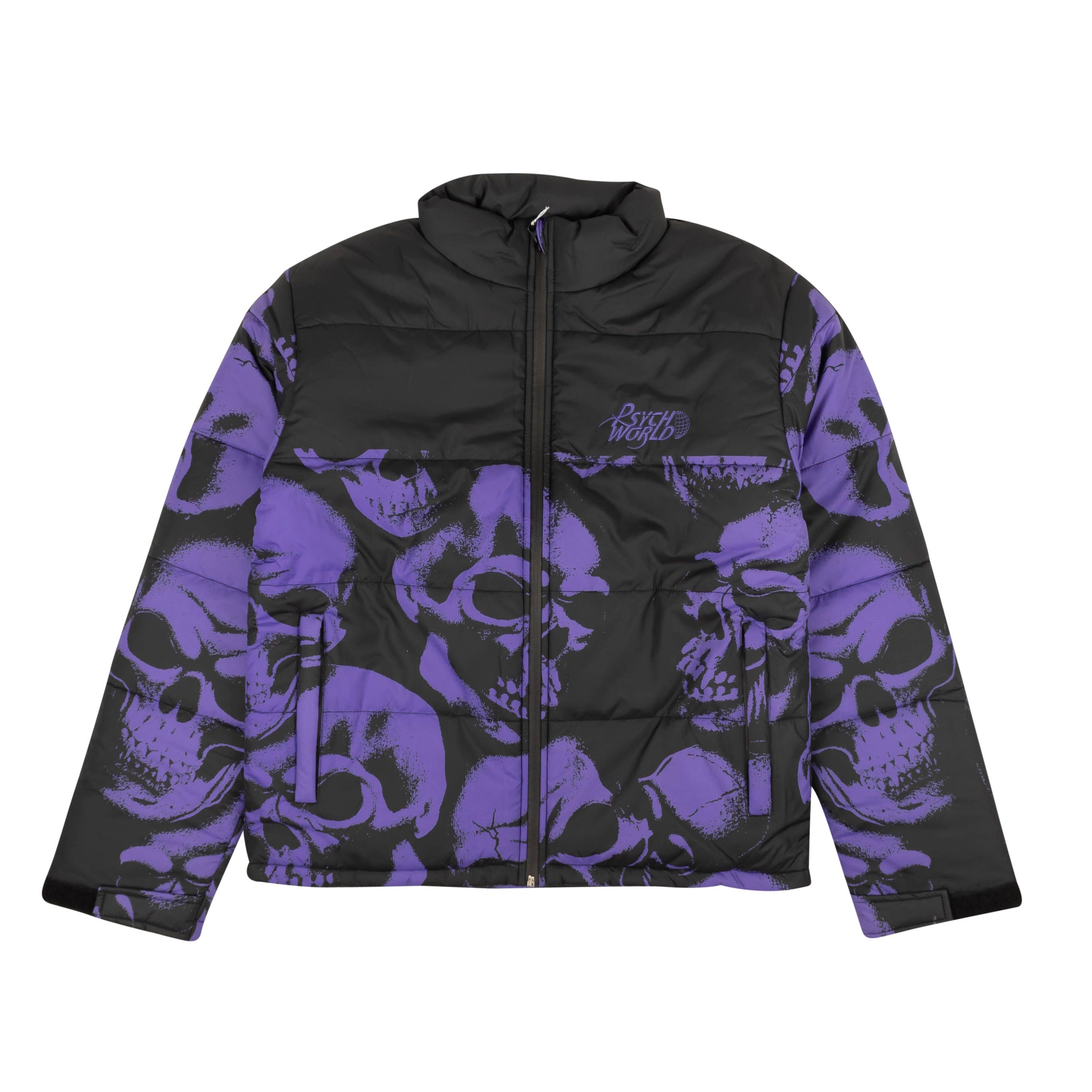 image of Psychworld Black & Purple Skull Puffer Print Jacket Size S, Men's