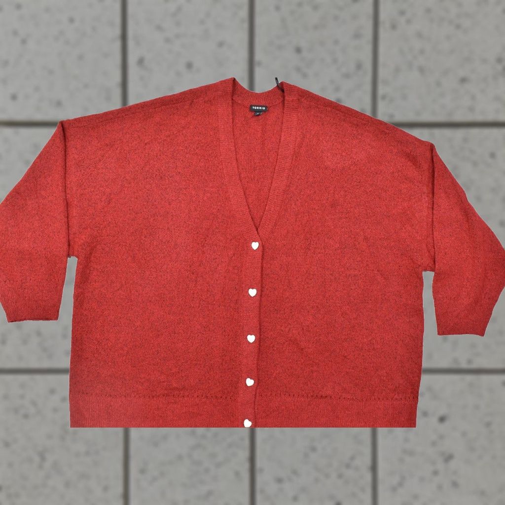 Torrid Torrid Cardigan Sweater V-Neck Button Front Oversized Red Heart Rhinestone Plus Size 5 Women Clothing Size S / US 4 / IT 40 - 1 Thumbnail