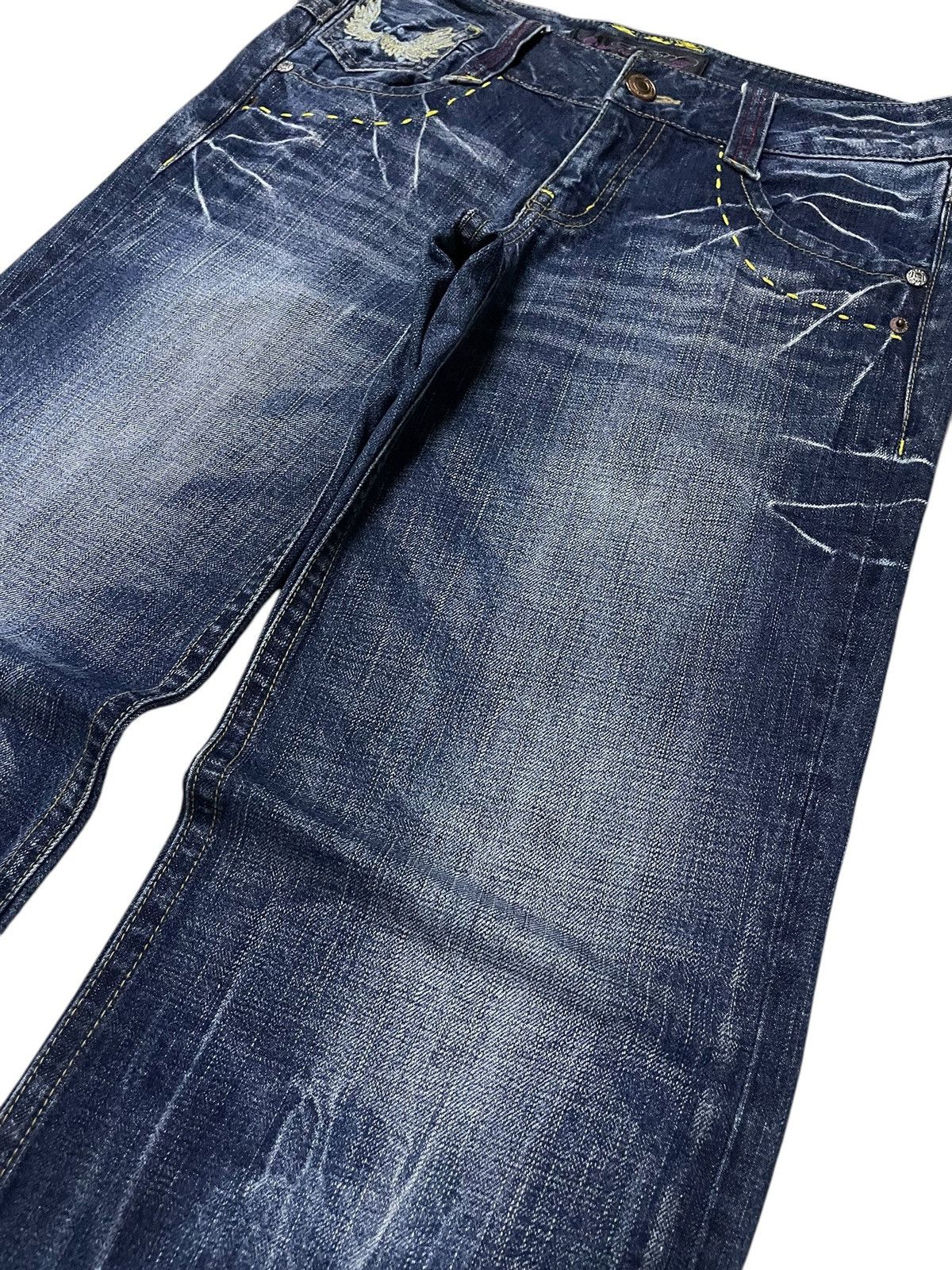 Japanese Brand × Le Grande Bleu (L.G.B.) Oririn Japan Flare Wide Leg Feathers Wings Embroidered Jeans Size US 31 - 18 Thumbnail