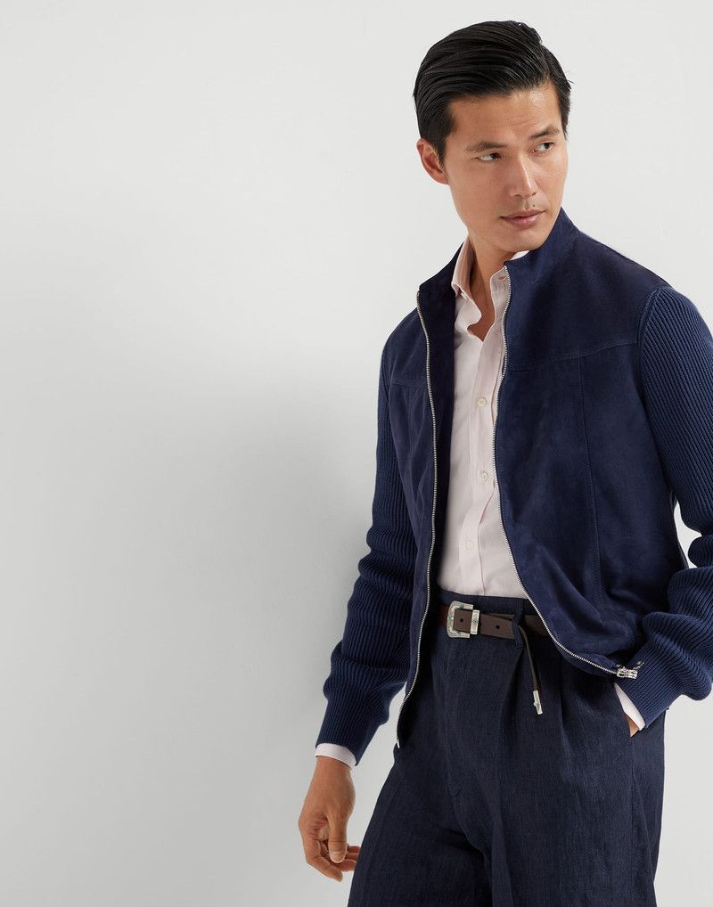Brunello Cucinelli o1la1rc1a0326 Suede Bomber Jacket in Blue Size US L / EU 52-54 / 3 - 4 Thumbnail