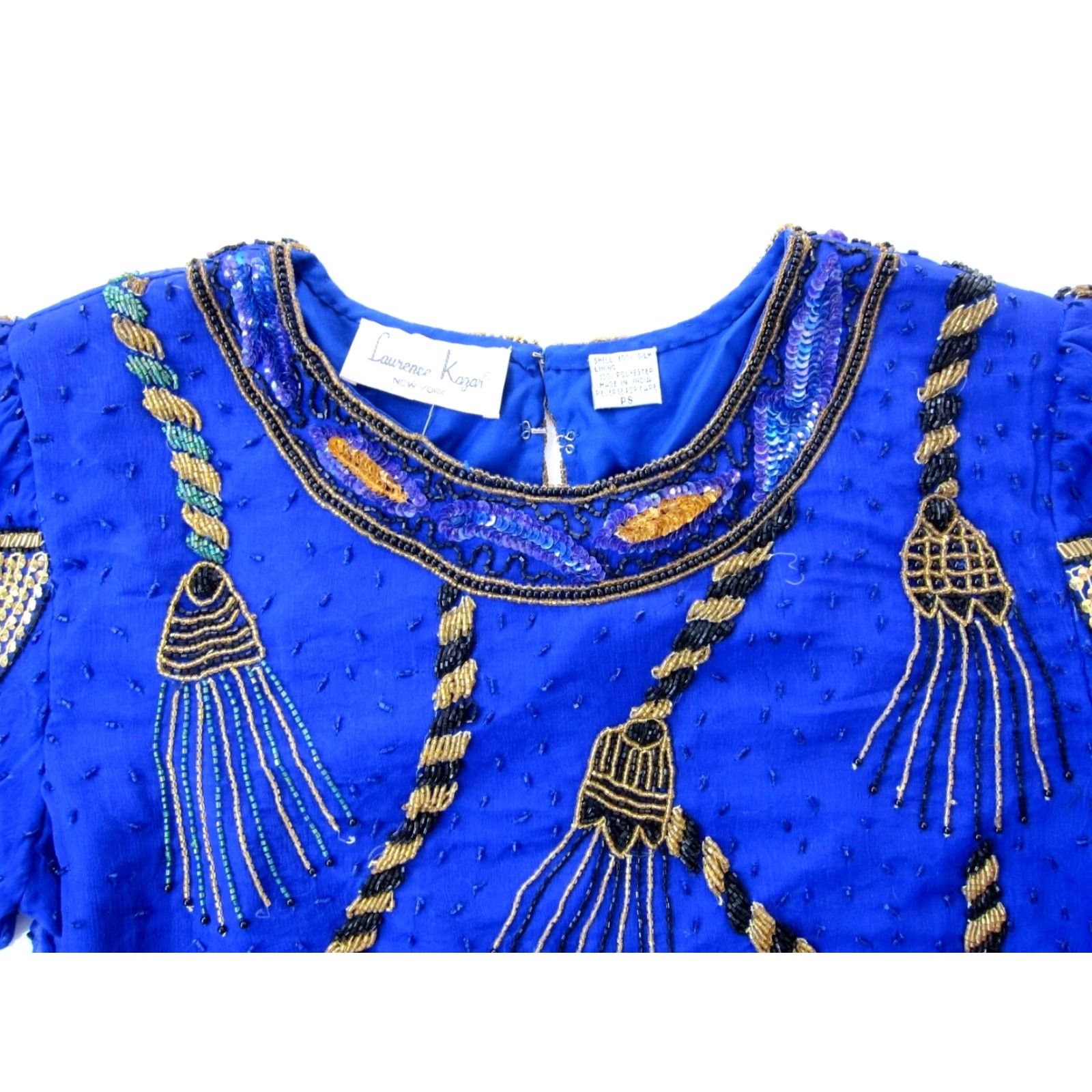 Vintage NWT Laurence Kazar 100% Silk Blue Gold Beaded Sequin Short Sleeve Blouse PS Size S / US 4 / IT 40 - 4 Thumbnail
