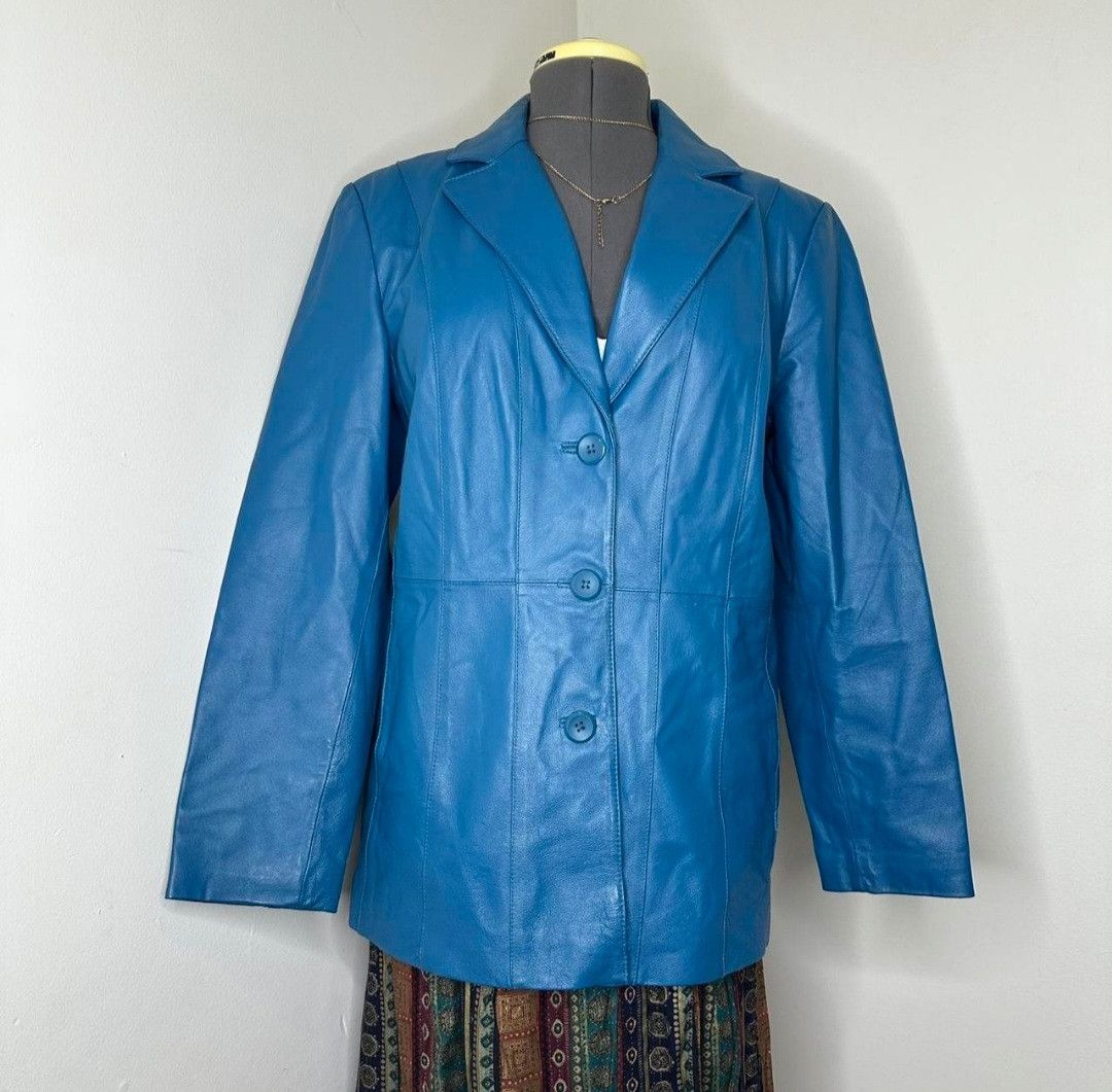 Worthington Women's Blue Genuine Leather Jacket Size L / US 10 / IT 46 - 6 Thumbnail