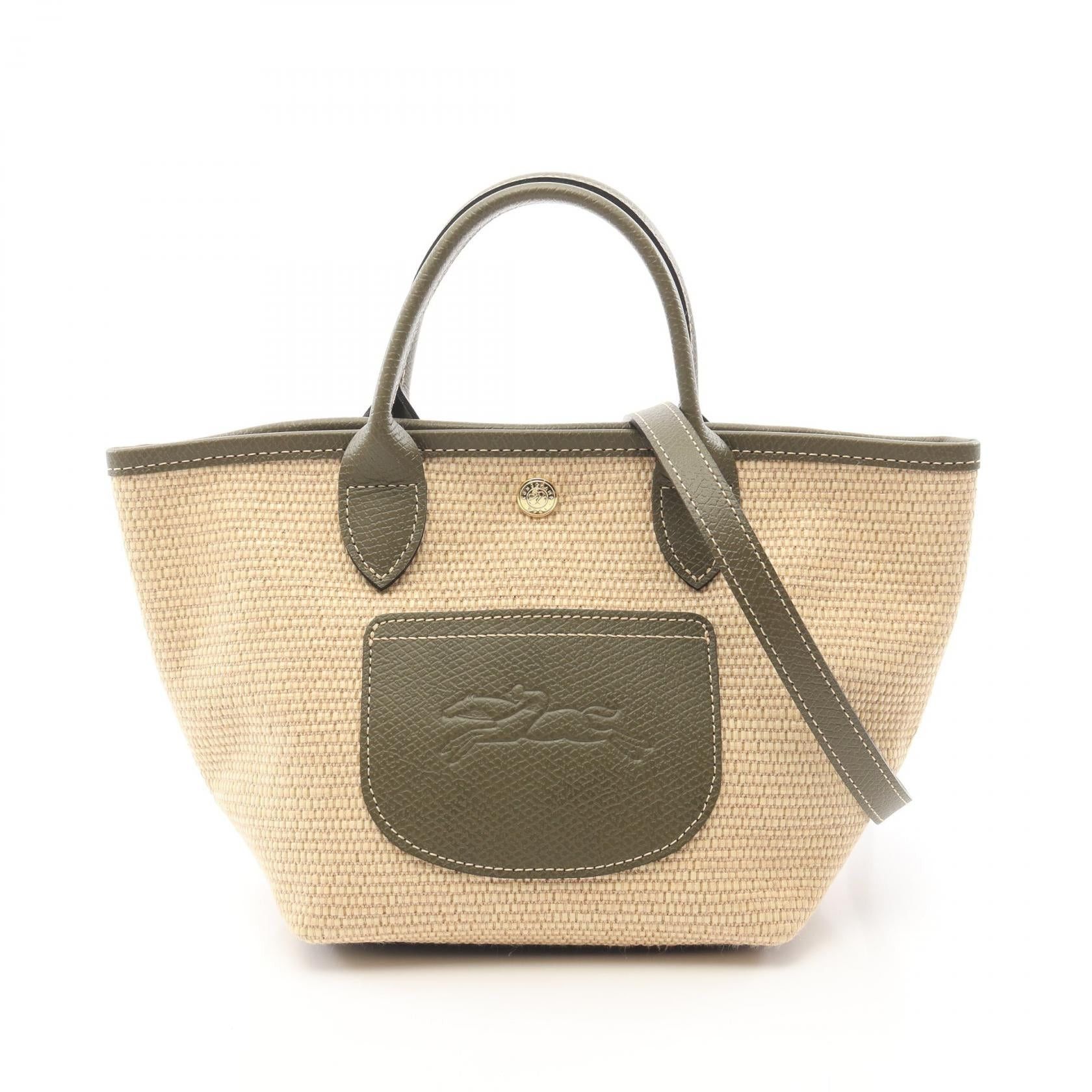 Longchamp Le Preage Collection Xs Basket Bag Handbag Tote Fabric Leather Beige Khaki Green, Women's