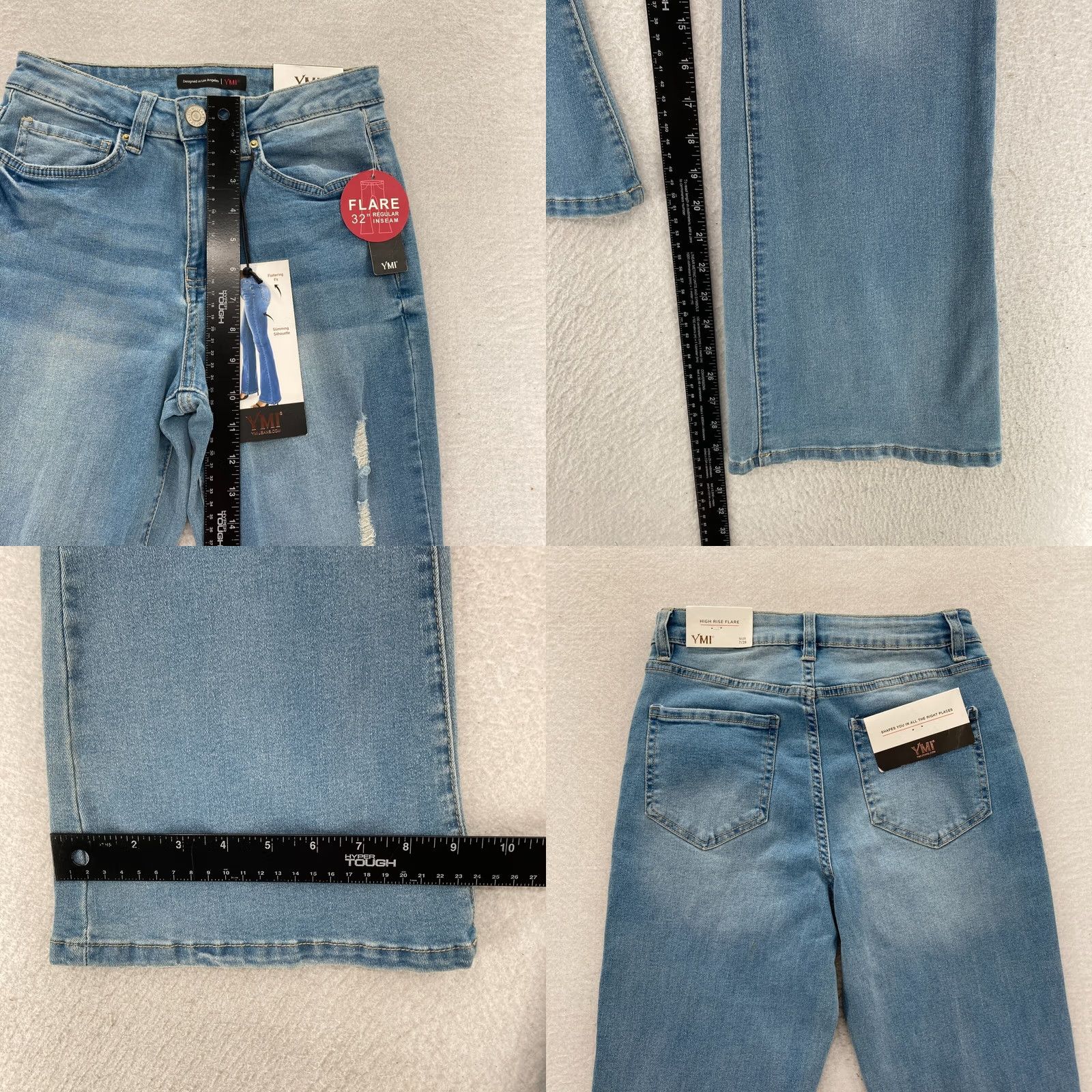 Vintage YMI Jeans Women's Flared Leg High Rise Medium Wash Blue Denim Distressed 7/28 Jeans Womens Size 28 (Regular) Blue Cotton Polyester Denim Size 28" / US 6 / IT 42 - 8 Thumbnail