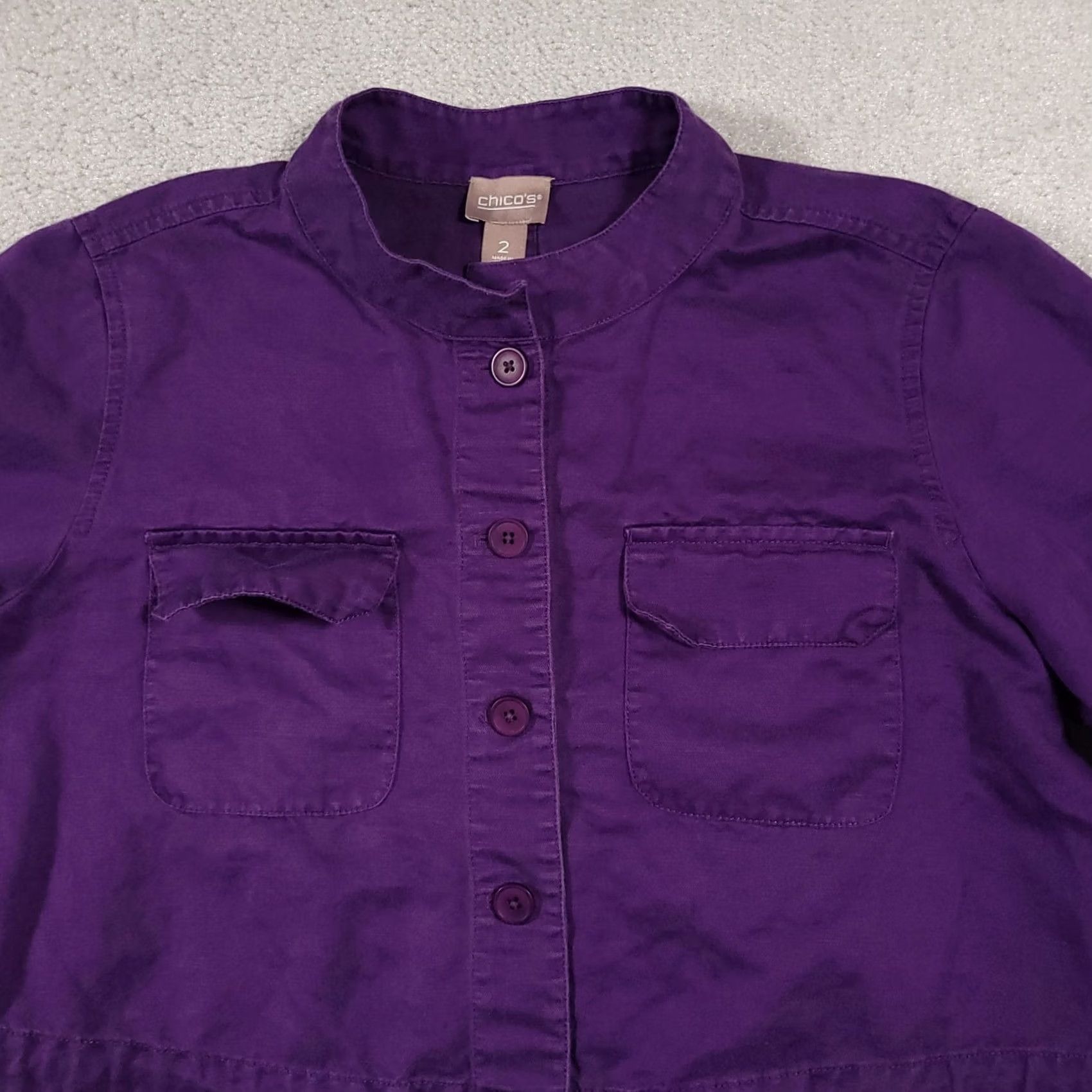 Vintage Chico's Jacket Women's L Purple Linen Blend Button Up Roll-Tab Sleeve Cinch Casual Travel Regular Mens Womens Size L / US 10 / IT 46 - 3 Thumbnail