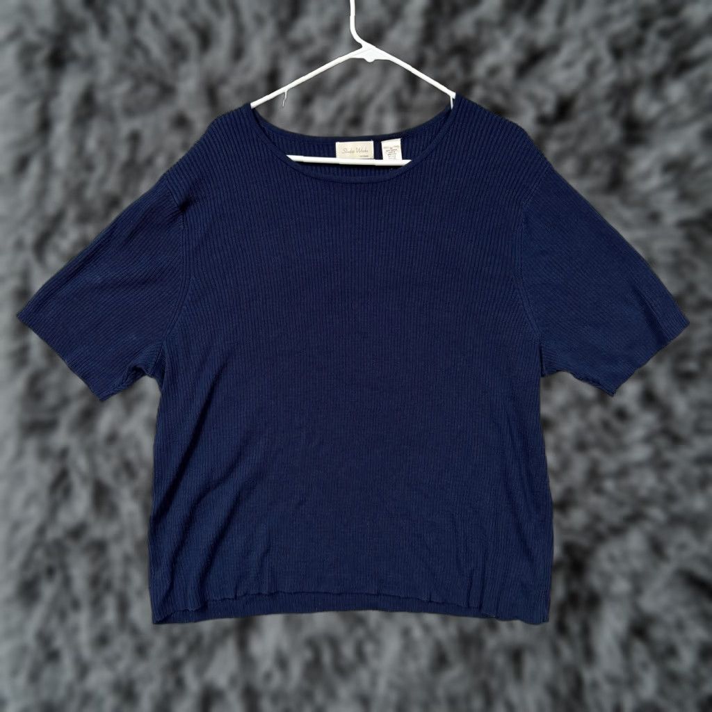 Vintage Studio Works T-Shirt Womens 3X Plus Blue Ribbed Knit Minimalist Basic Layering Shirt Womens Plus Size Blue Ribbed Knit Crew Neck Short Sleeve Casual Size XXL / US 16-18 / IT 52-54 - 1 Thumbnail
