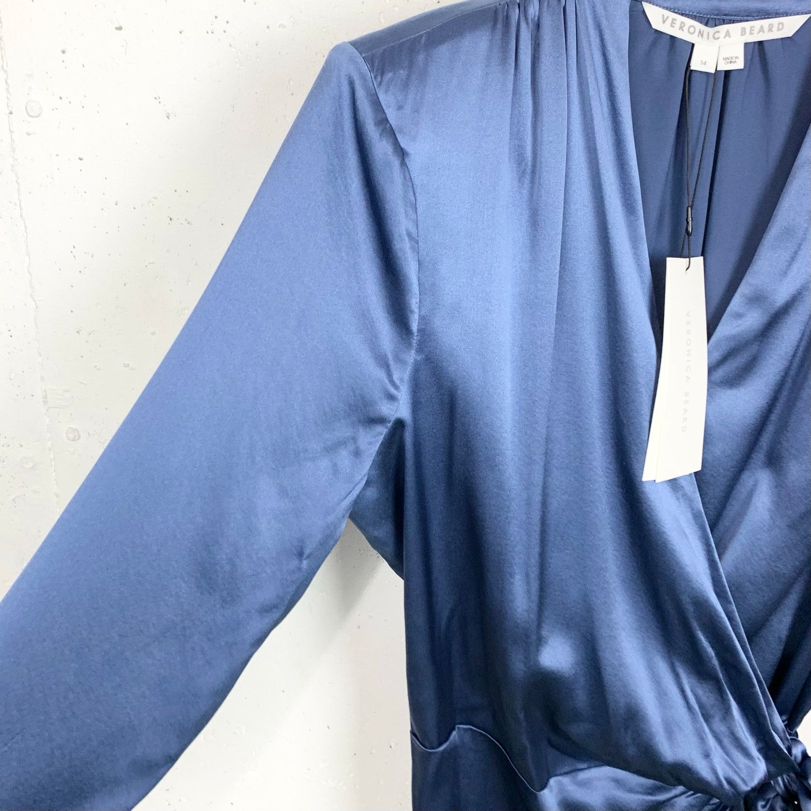Veronica Beard Agatha Ruched Long Sleeve Silk Dress Blue 14