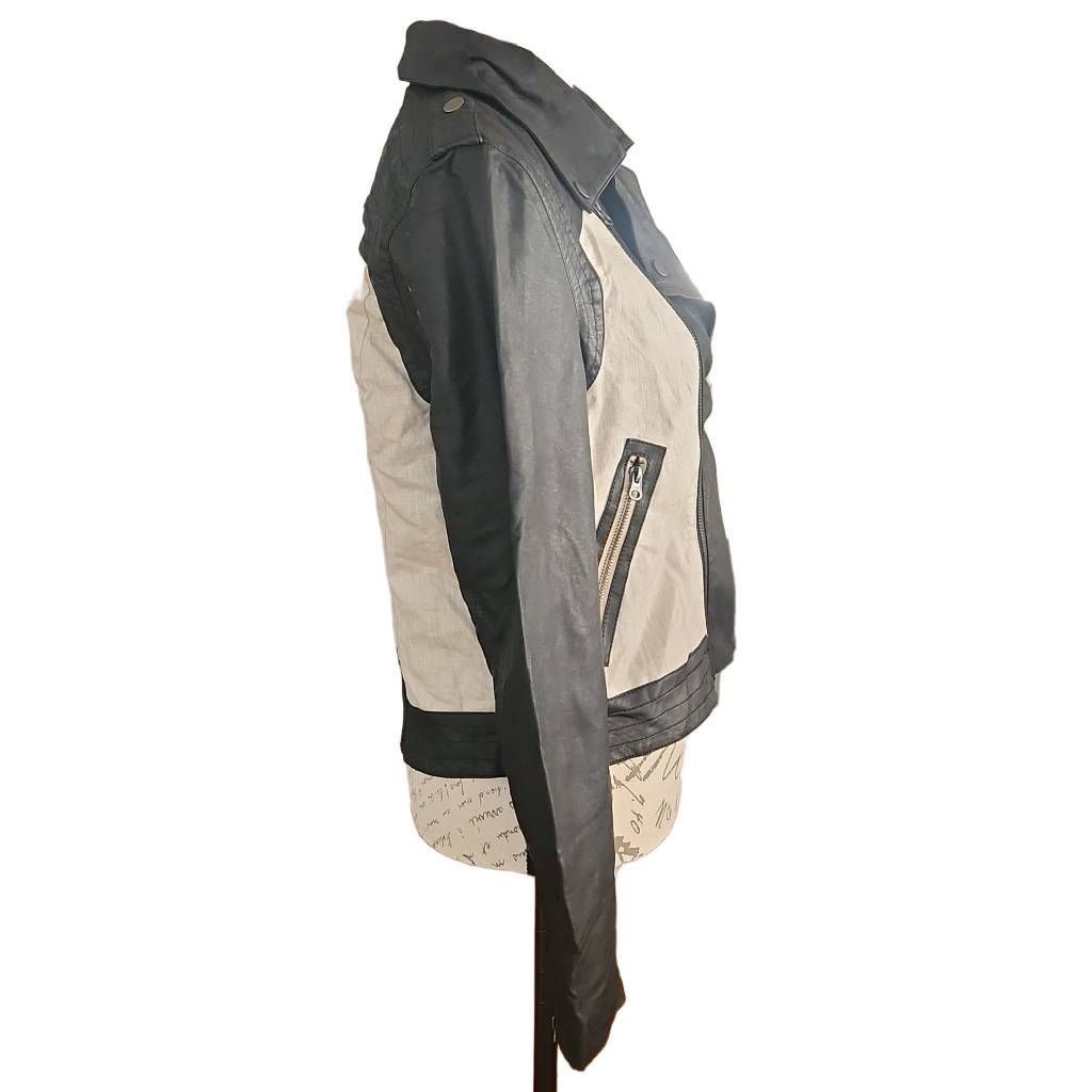 Bar III Bar III Women's Size Medium Black Cream Faux Leather Linen Moto Jacket Size M / US 6-8 / IT 42-44 - 4 Thumbnail