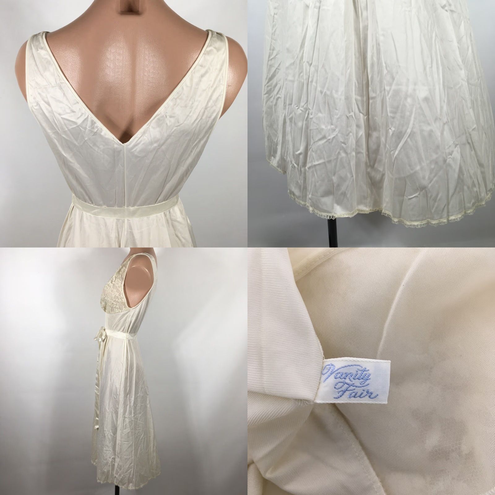 VTG Vanity Fair Ivory Dress Slip Sissy Lace Hem Trim 32 Nightgown Belted 1960s Nylon Edwardian Womens