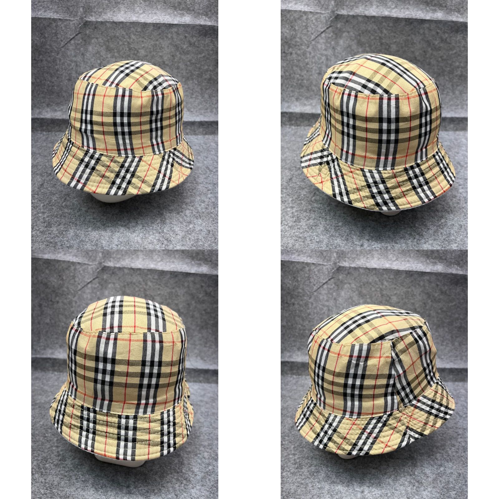 Omega Bucket Hat Adult One Size White Beige Plaid Cotton Reversible Size ONE SIZE - 9 Thumbnail