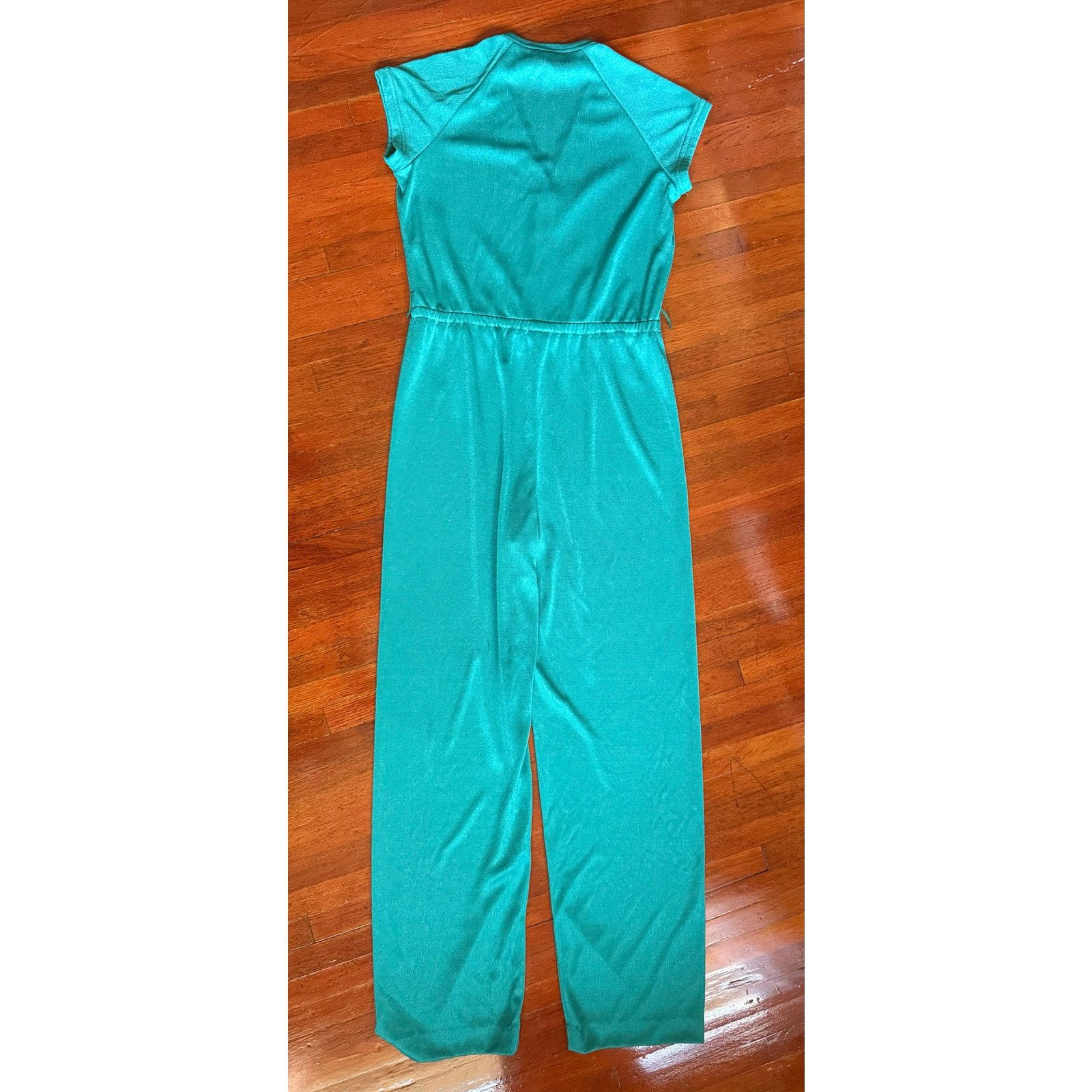 Vintage Vintage 70s Teal Green Jump Suit Med Large One Piece Disco Size 32" / US 10 / IT 46 - 2 Thumbnail