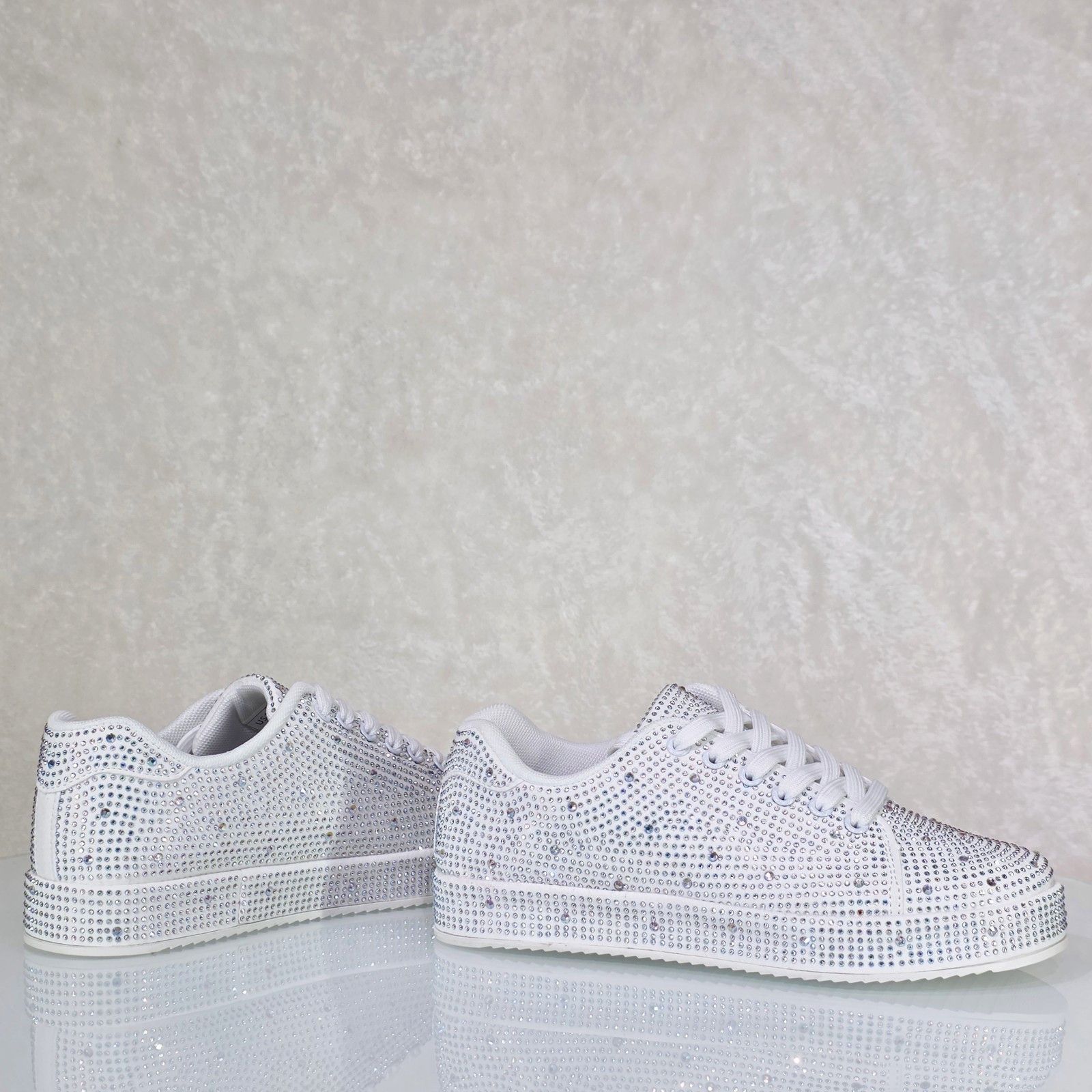 Other Street Glam White Rhinestone Platform Sneakers Tennis Shoes Size US 7 / IT 37 - 3 Thumbnail
