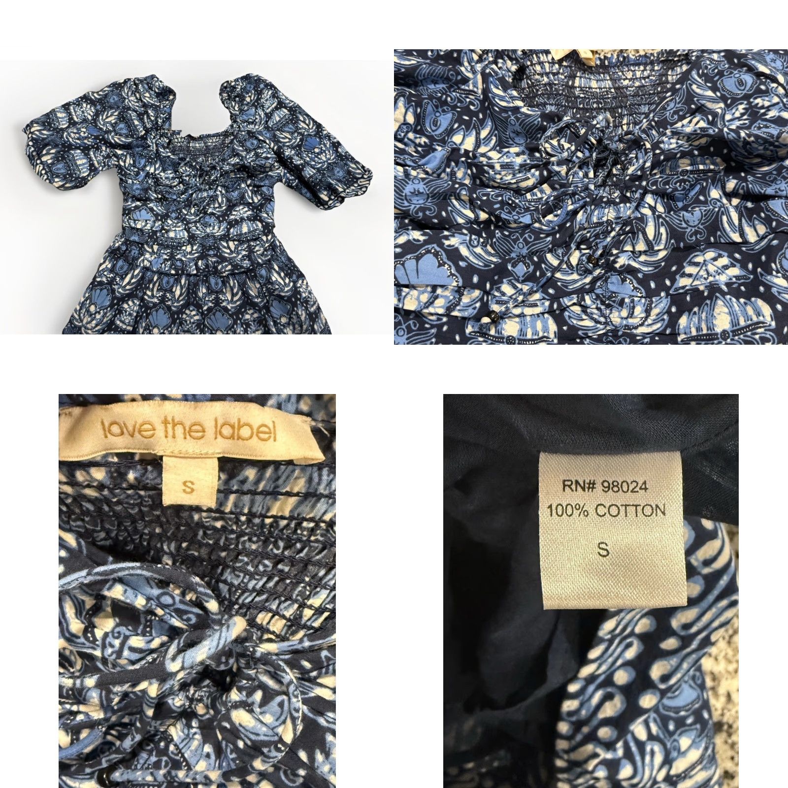 Vintage Love the Label Anthropologie Puff Sleeve Cassie Mini Dress Blue S Ladies, Floral, Cotton, Short, Square Neck, Smocked, Spring Summer, Womens Size S / US 4 / IT 40 - 8 Thumbnail