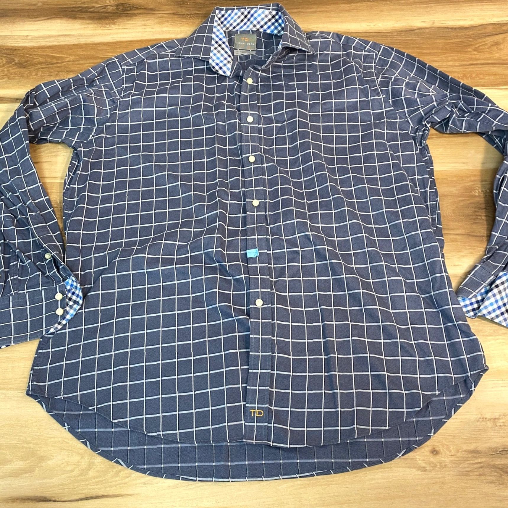 Vintage THOMAS DEAN Shirt Mens XL Blue White Plaid Check Long Sleeve Button Up Size US XL / EU 56 / 4 - 3 Thumbnail