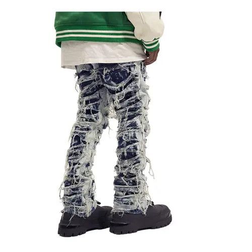 Jean Distressed Frayed Stacked Washed Denim Jeans Size US 34 / EU 50 - 4 Thumbnail