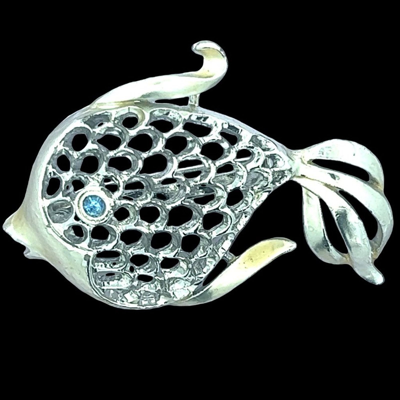& Other Stories Vintage - JJ Silvertone Scaled Fish Blue Rhinestone Brooch Size ONE SIZE - 2 Thumbnail