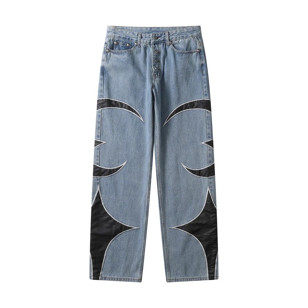 Japanese Brand × Jean Embroidery Pu Leaher Patchwork Baggy Jeans Size US 31 - 1 Thumbnail