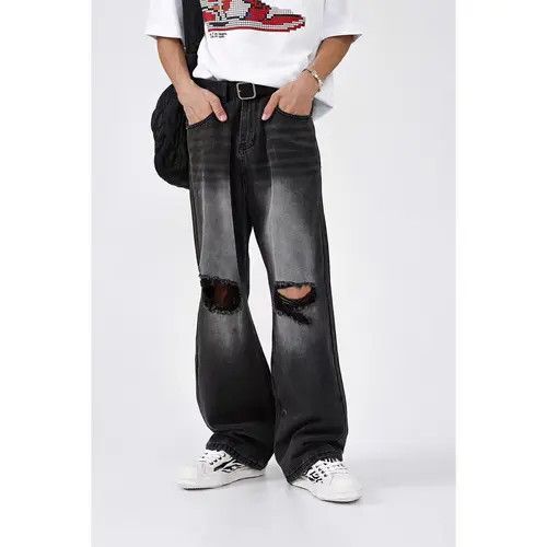 VIBE Vintage Distressed Straight Relaxed Wide-Leg Jeans Size US 32 / EU 48 - 2 Thumbnail