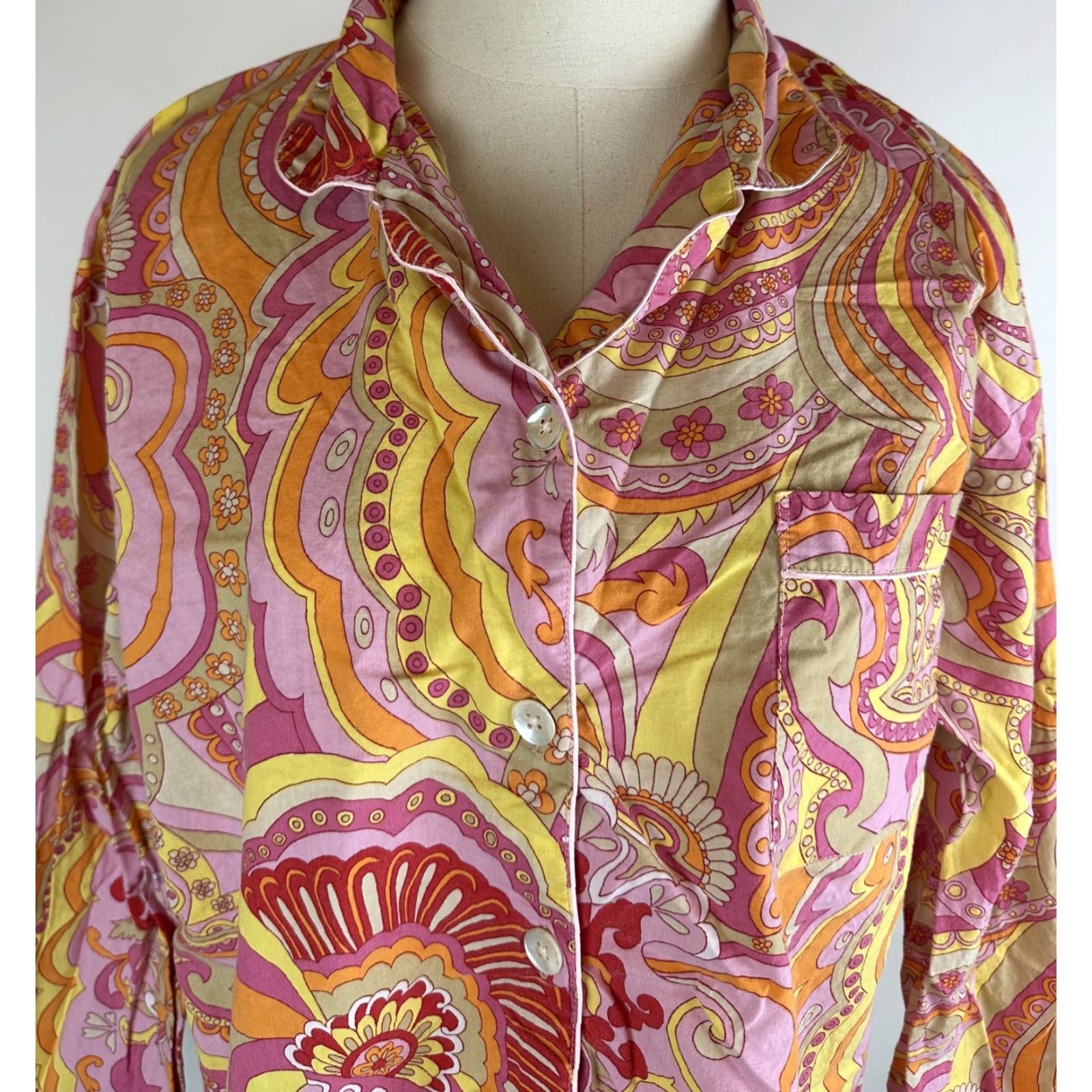 Vintage The Chandler Collection Pajama Top Women M Pink Paisley 90s Boho Y2K Collared Button Front Long Sleeve Size M / US 6-8 / IT 42-44 - 2 Thumbnail