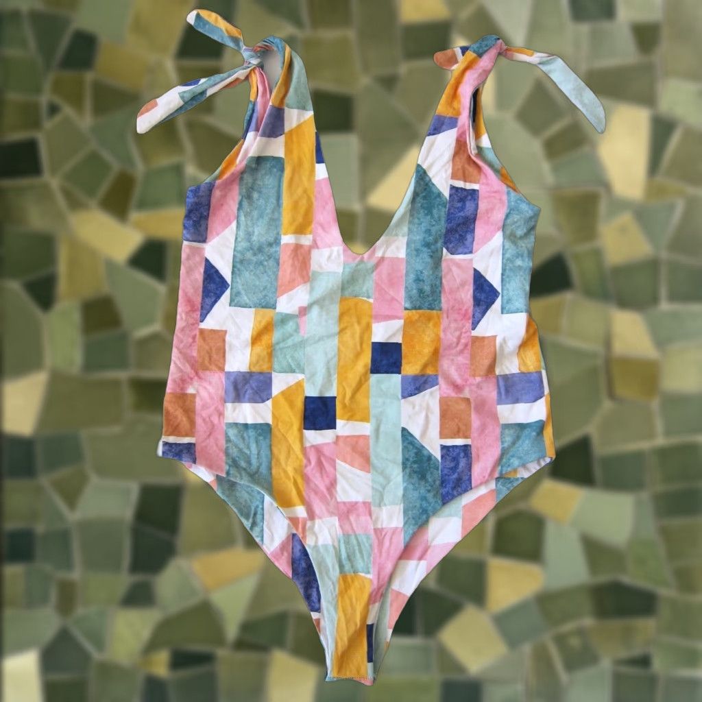 Lulus Lulu's Pink Green Blue Yellow Block V-Neck Low Back One Piece Swimsuit Large Size ONE SIZE - 1 Thumbnail