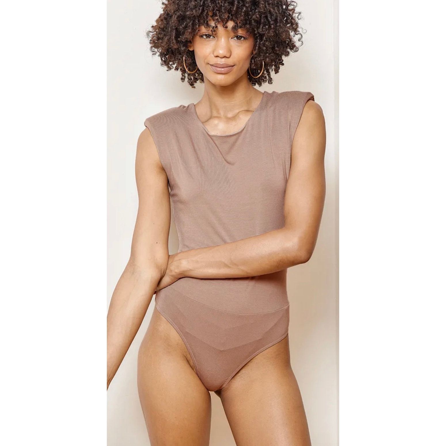 Lulus Taupe Sleeveless Padded Shoulder Bodysuit Fitted Waist Size S / US 4 / IT 40 - 1 Thumbnail