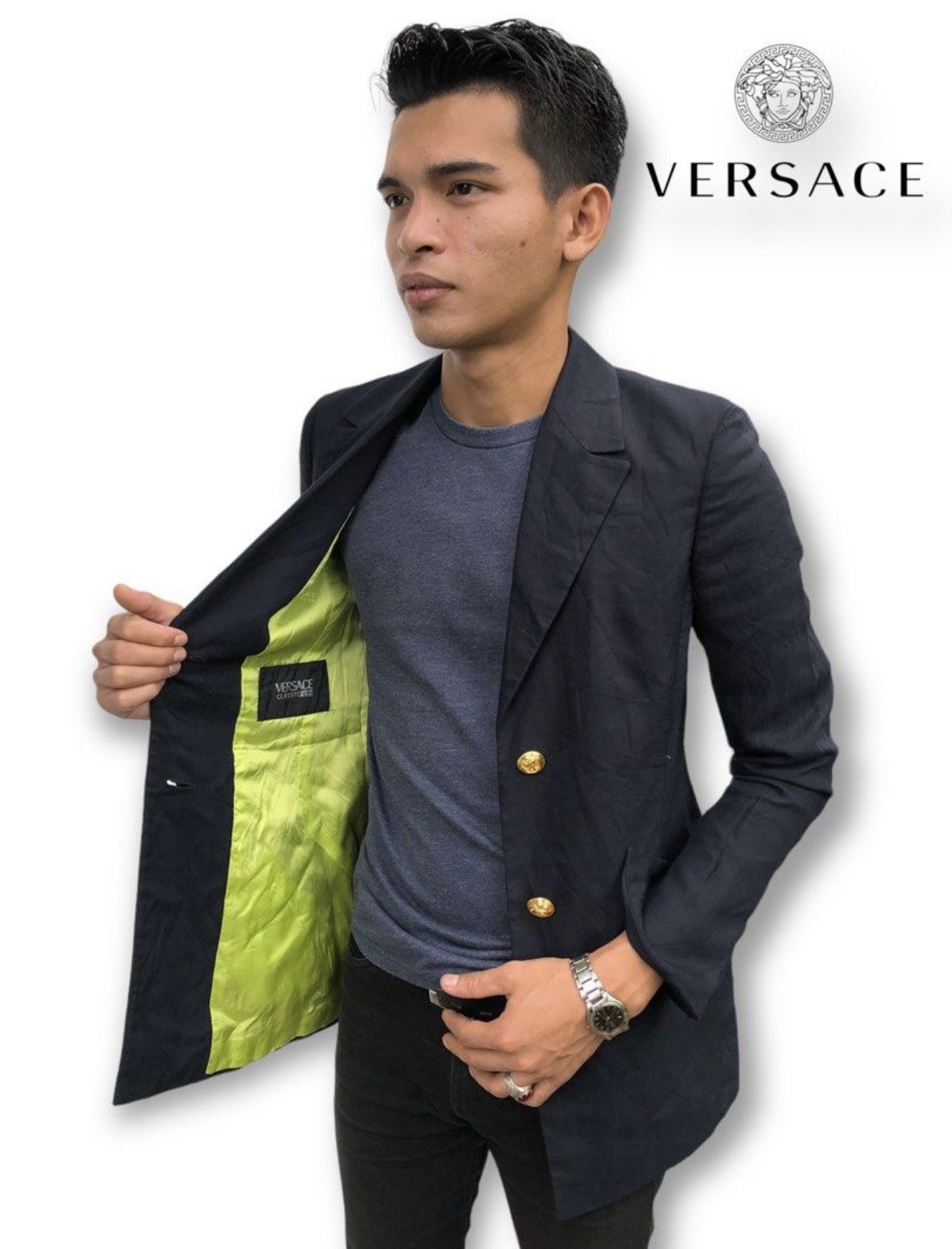 Versace 🔥VINTAGE VERSACE ITALY SINGLE-BREASTED SUIT/JACKET NAVY Size US S / EU 44-46 / 1 - 2 Thumbnail