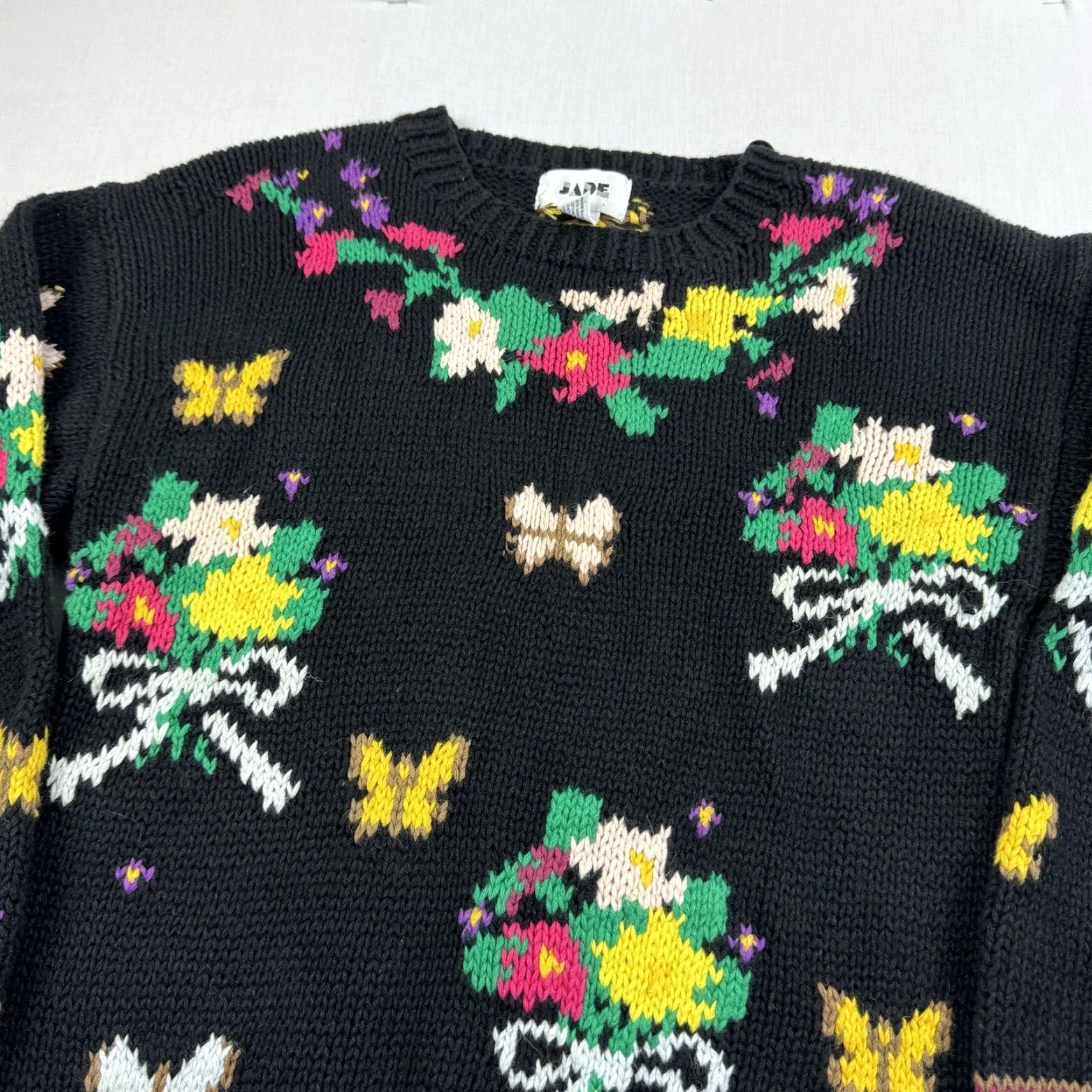 Vintage VINTAGE Jade Floral Sweater Womens M Black 90s 80s Flower Pullover Knit Easy Cute Fun Womens Size M / US 6-8 / IT 42-44 - 2 Thumbnail