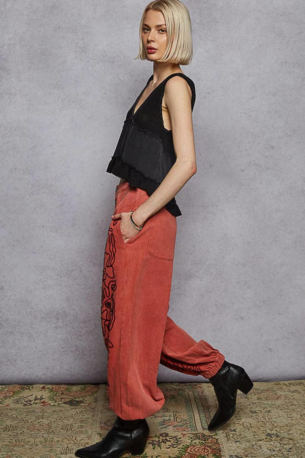 Other Floral Embroidered Pattern Solid Twill Jogger Pants by POL Size 28" / US 6 / IT 42 - 6 Thumbnail