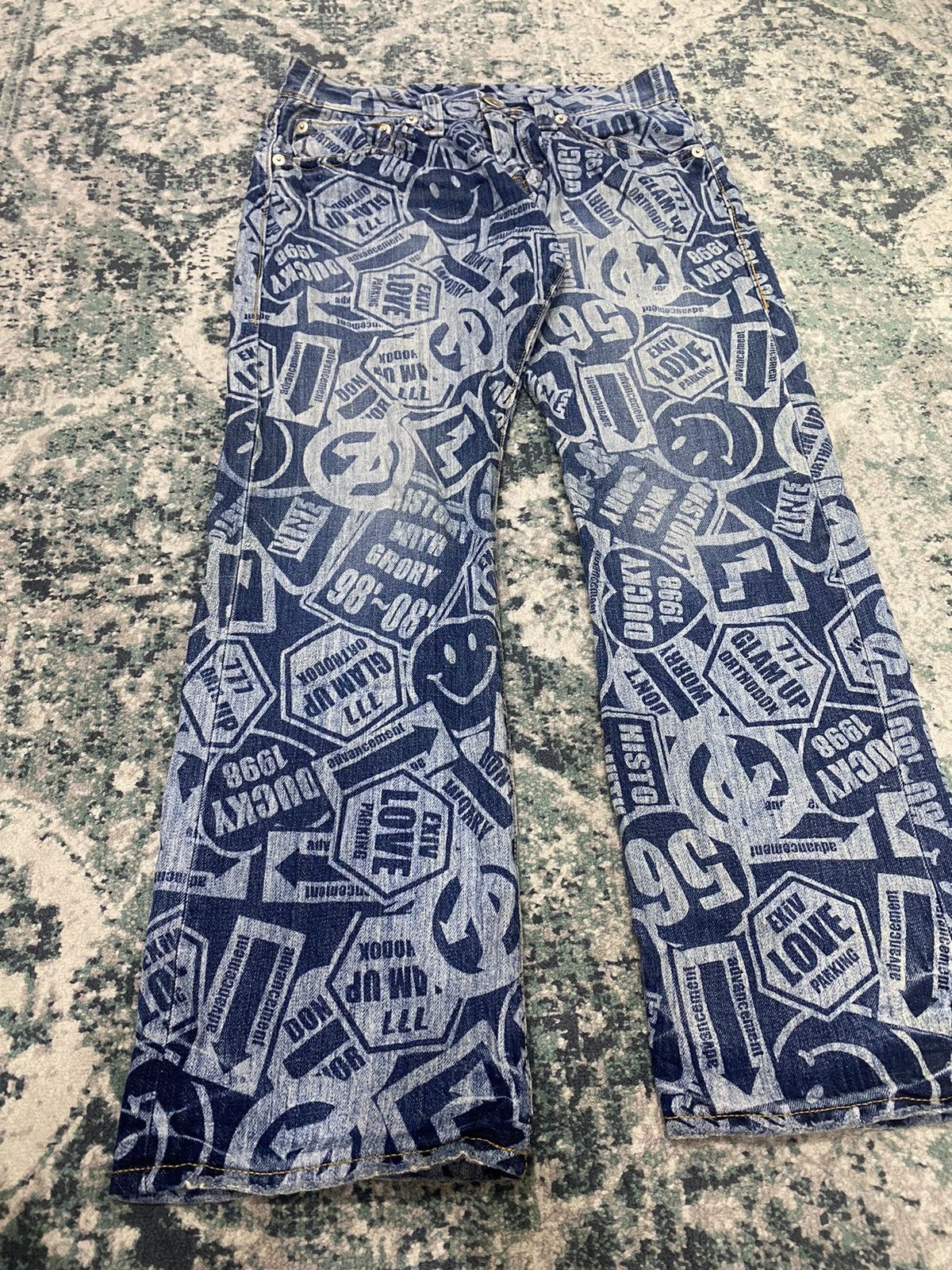 Hysteric Glamour Vintage Co&Lu All Over Acid Wash Printed Effect Smiley Jeans Size US 31 - 4 Thumbnail