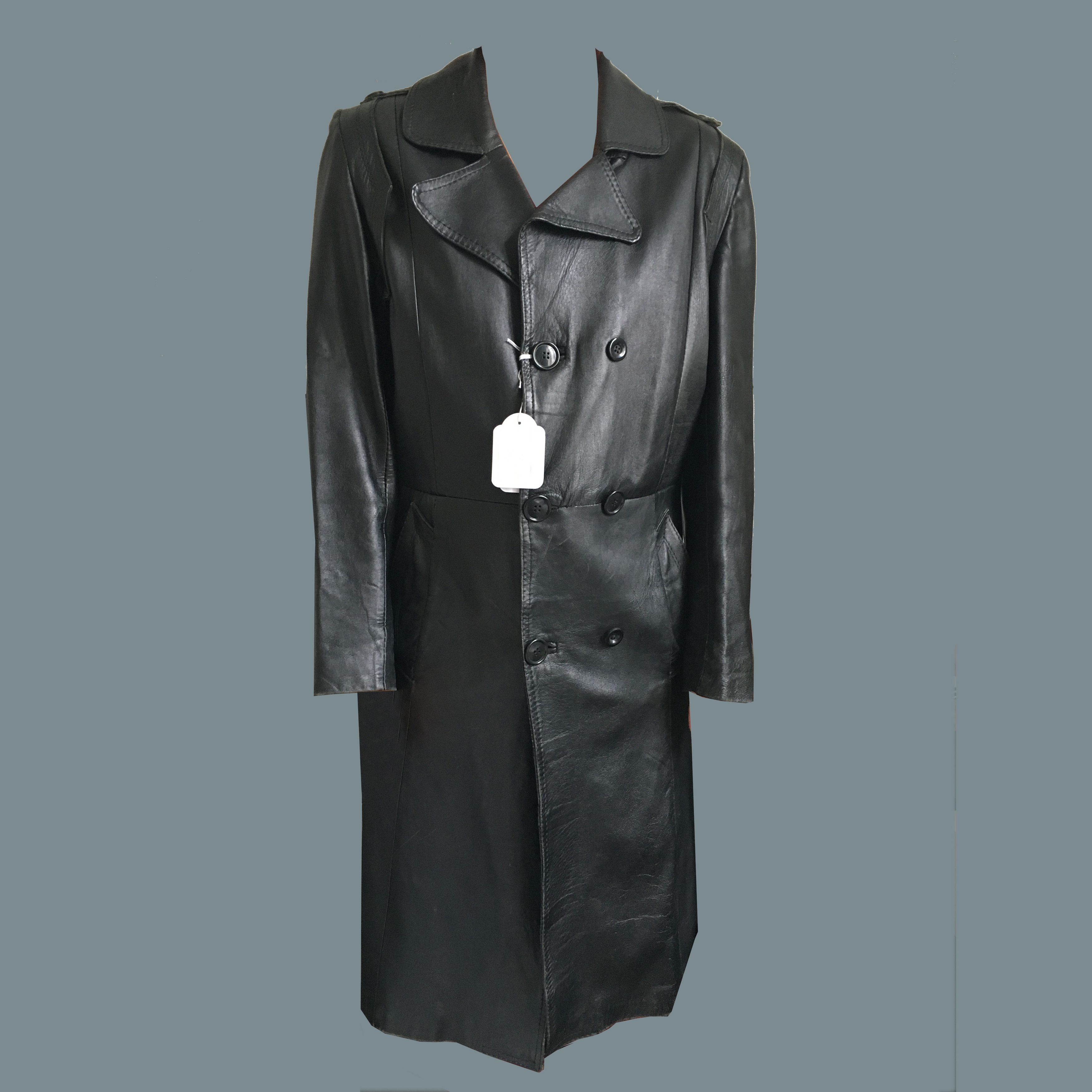 Image of Vintage Leather Secret-Officer-Style Men's Black Coat (Size Small)