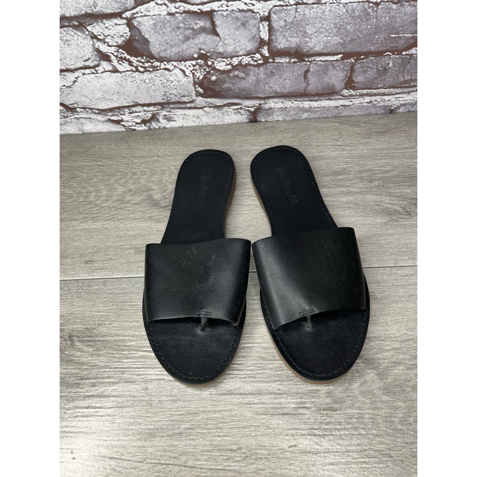 Madewell Madewell The Boardwalk Post Slides Black Leather Sandals Wom Size US 7.5 / IT 37.5 - 2 Thumbnail