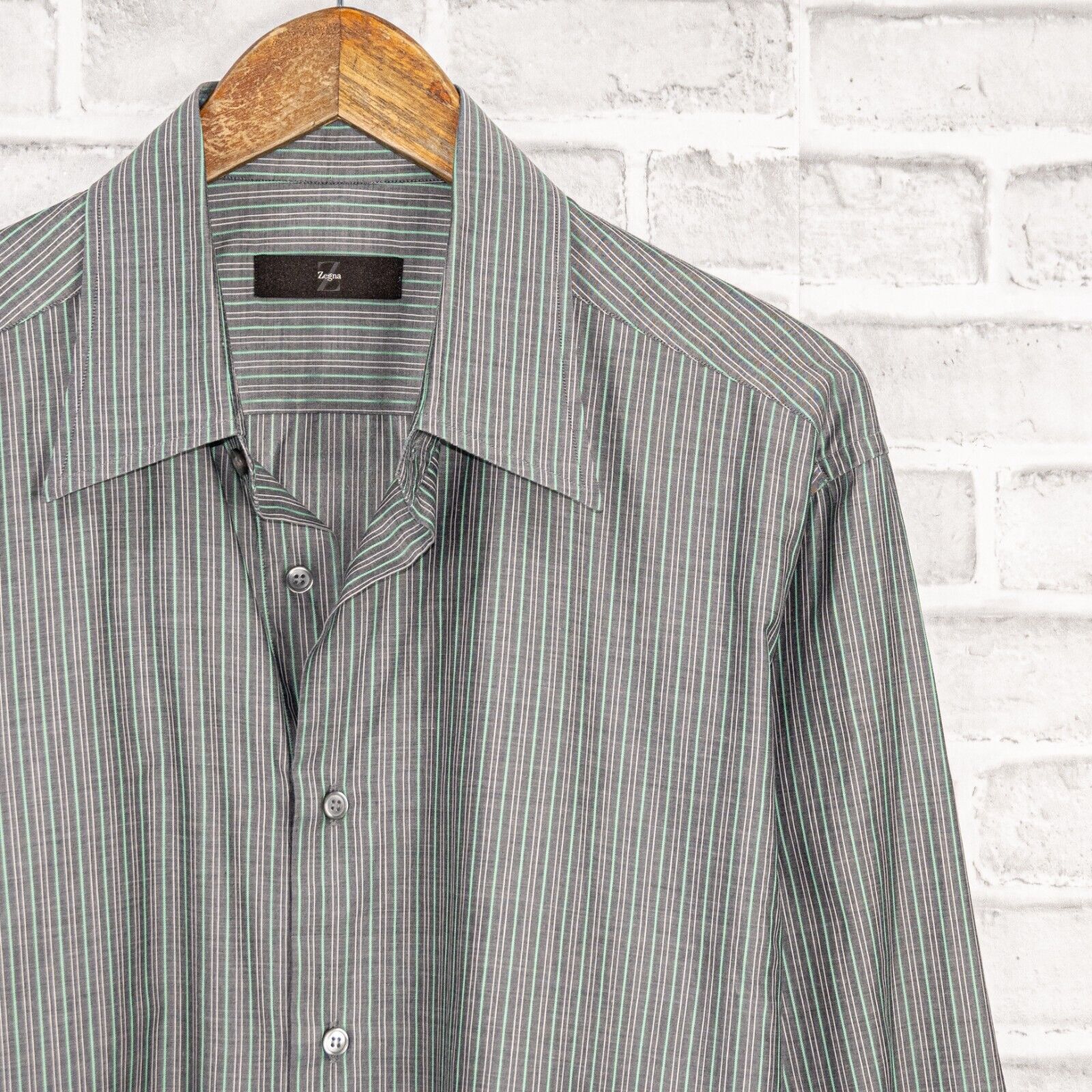 Z Zegna Ermenegildo Z Zegna Button up Shirt in Gray green striped Size US XL / EU 56 / 4 - 2 Thumbnail