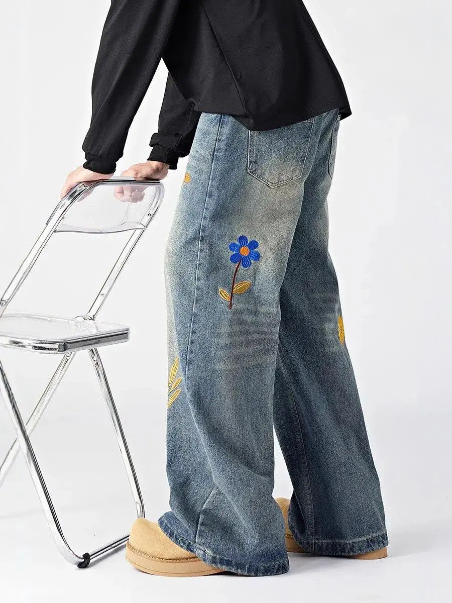 Japanese Brand Retro loose wide leg embroidered jeans Size US 32 / EU 48 - 5 Thumbnail
