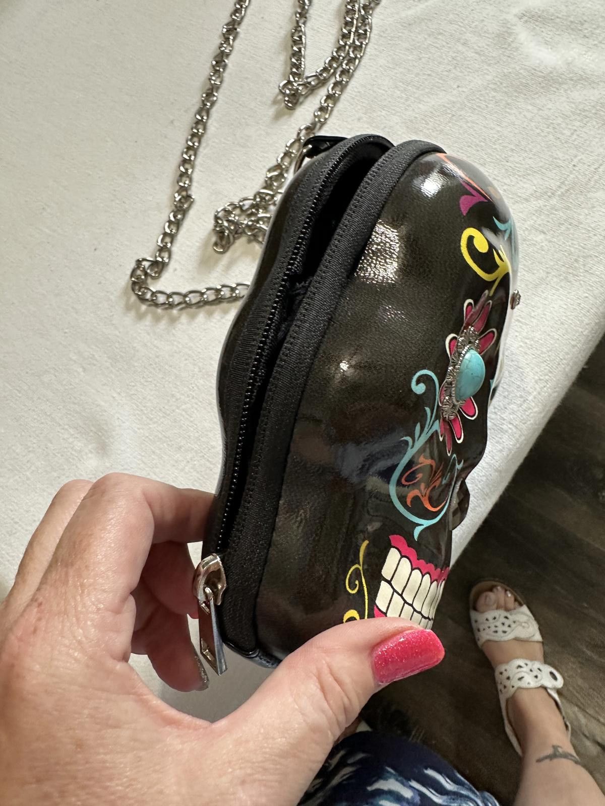 Designer Colorful Sugar Skull Crossbody Bag with Chain Strap Size ONE SIZE - 6 Thumbnail
