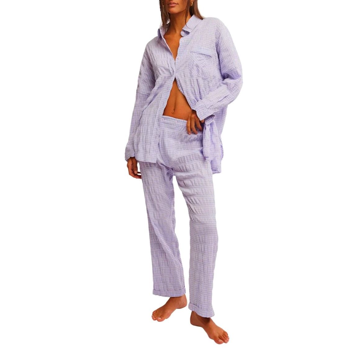 Free People Free People Textured Pajama Shirt Mini Dress in Lilac Medium Size M / US 6-8 / IT 42-44 - 6 Thumbnail