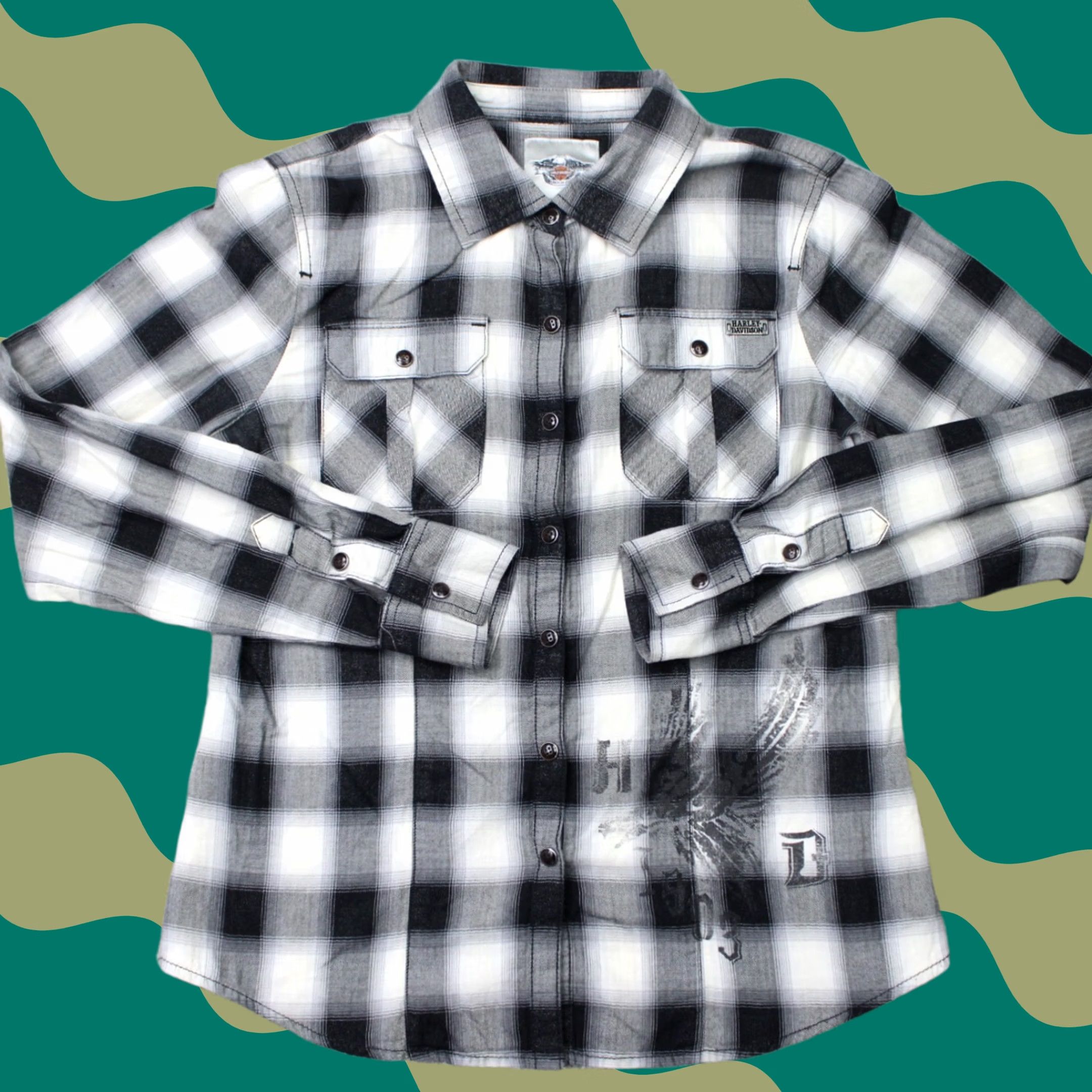 Harley Davidson Harley-Davidson Shirt Women Small Gray/Black Plaid Pearl Snap Long Sleeve Cotton Size S / US 4 / IT 40 - 1 Thumbnail