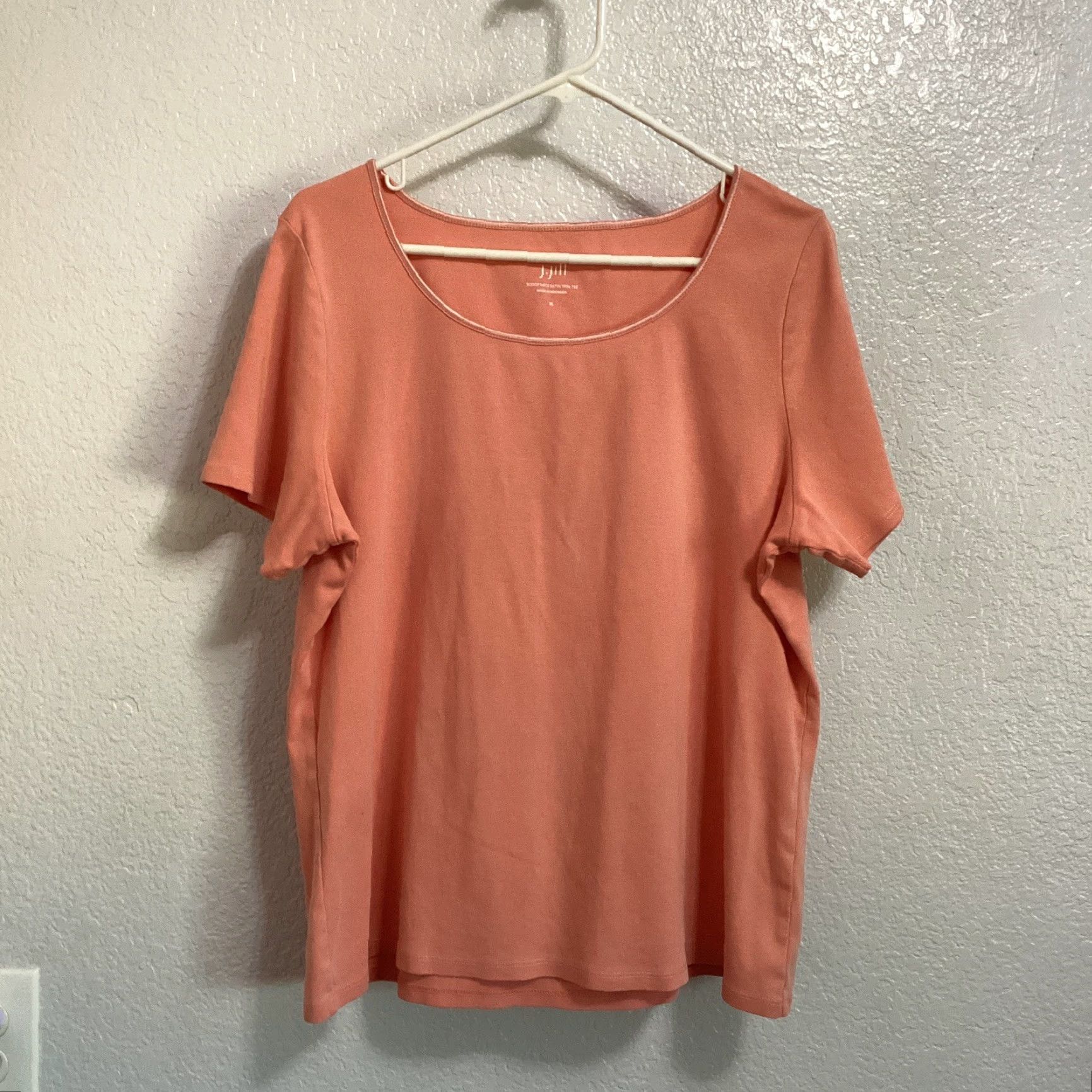 J. Jill J Jill Top Women XL Salmon Pink Satin Trim Tee Scoop Neck Short Sleeve Cotton T-Shirt Size XL / US 12-14 / IT 48-50 - 2 Thumbnail
