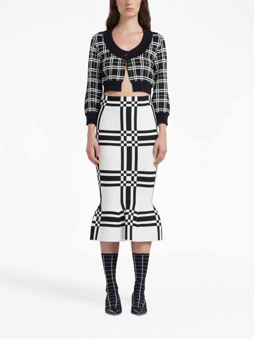 Marni o1w1db10824 U-Neck Cropped Cardigan in Black White Size L / US 10 / IT 46 - 3 Thumbnail