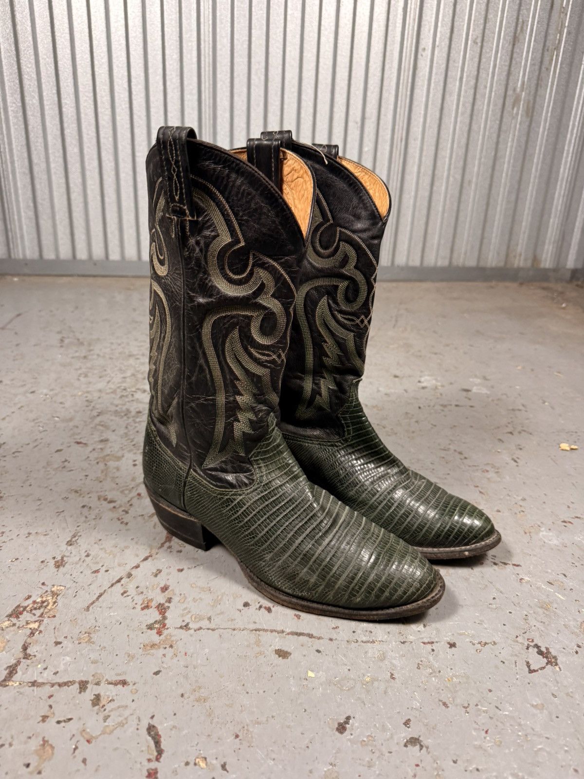 Tony Lama 90s Vintage Tony Lama Green Teju Lizard Skin Cowboy Boots Size US 10 / EU 43 - 1 Thumbnail
