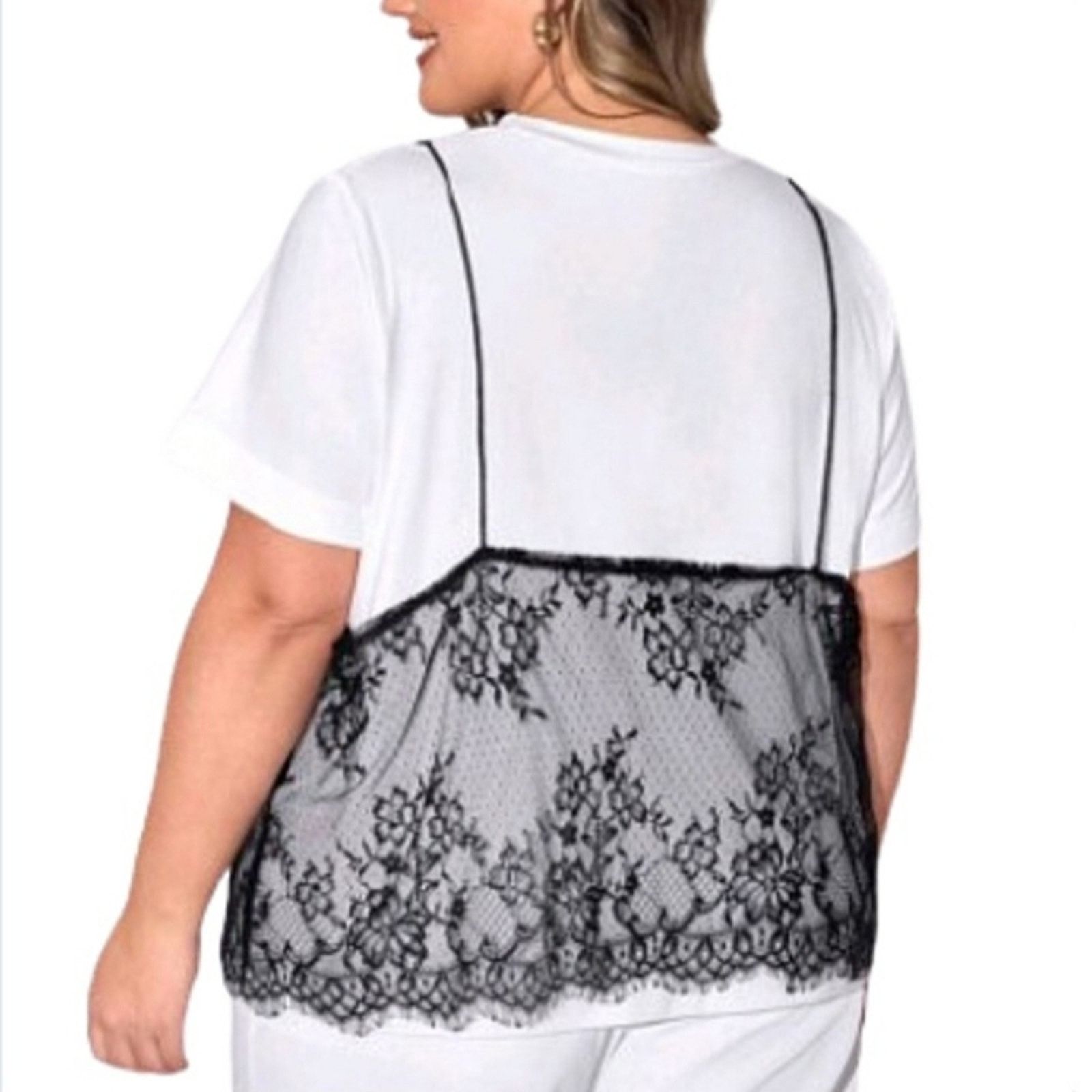 Shein Unique ☆ Crisp White Tee ☆ Black Lace Cami Overlay 4x ☆ NWT Size 4XL / US 24-26 - 7 Thumbnail