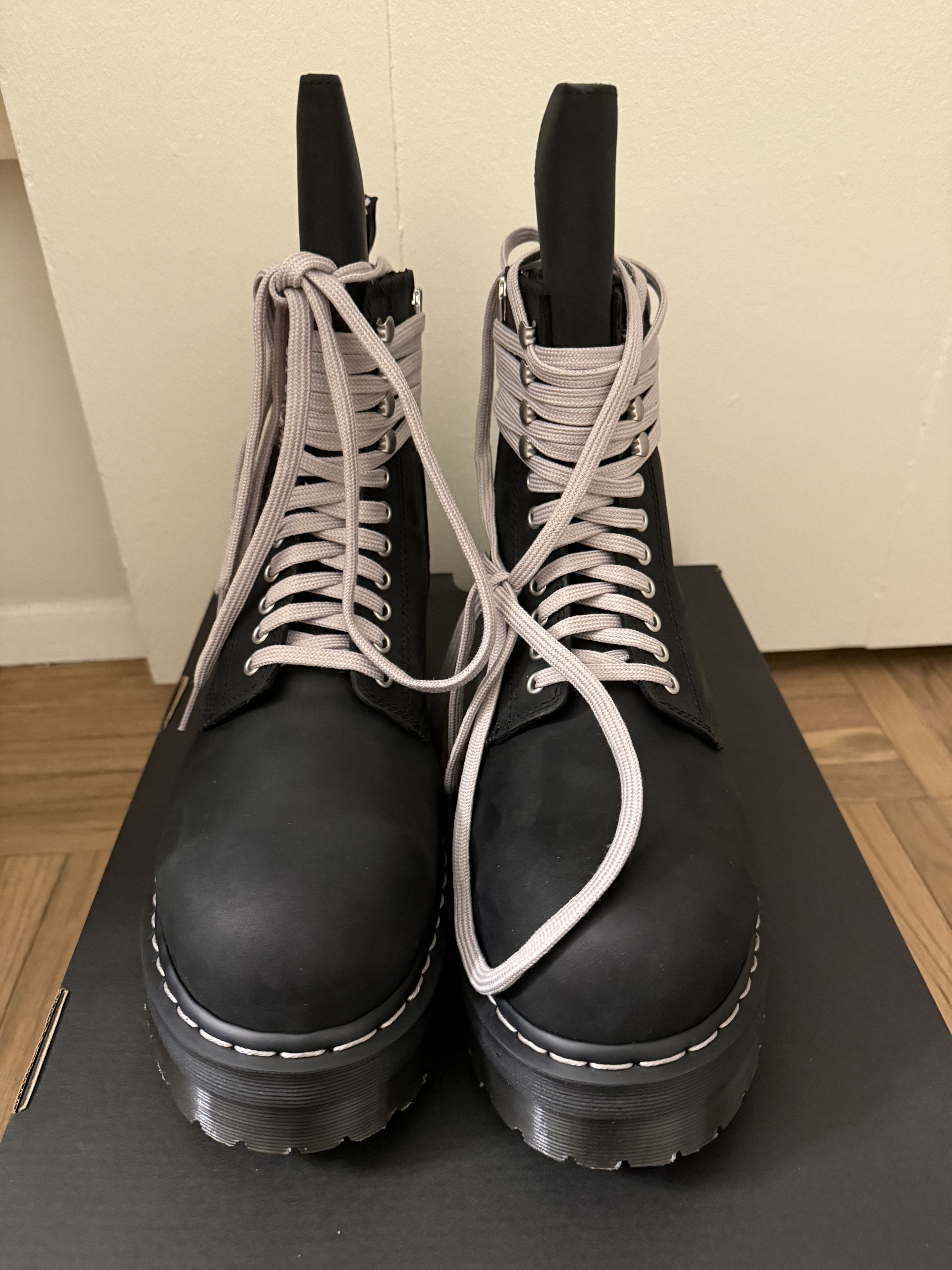 Dr. Martens × Rick Owens STEEL TOE QUAD Wraparound Lace Leather Platform Boots Size US 12 / EU 45 - 2 Thumbnail
