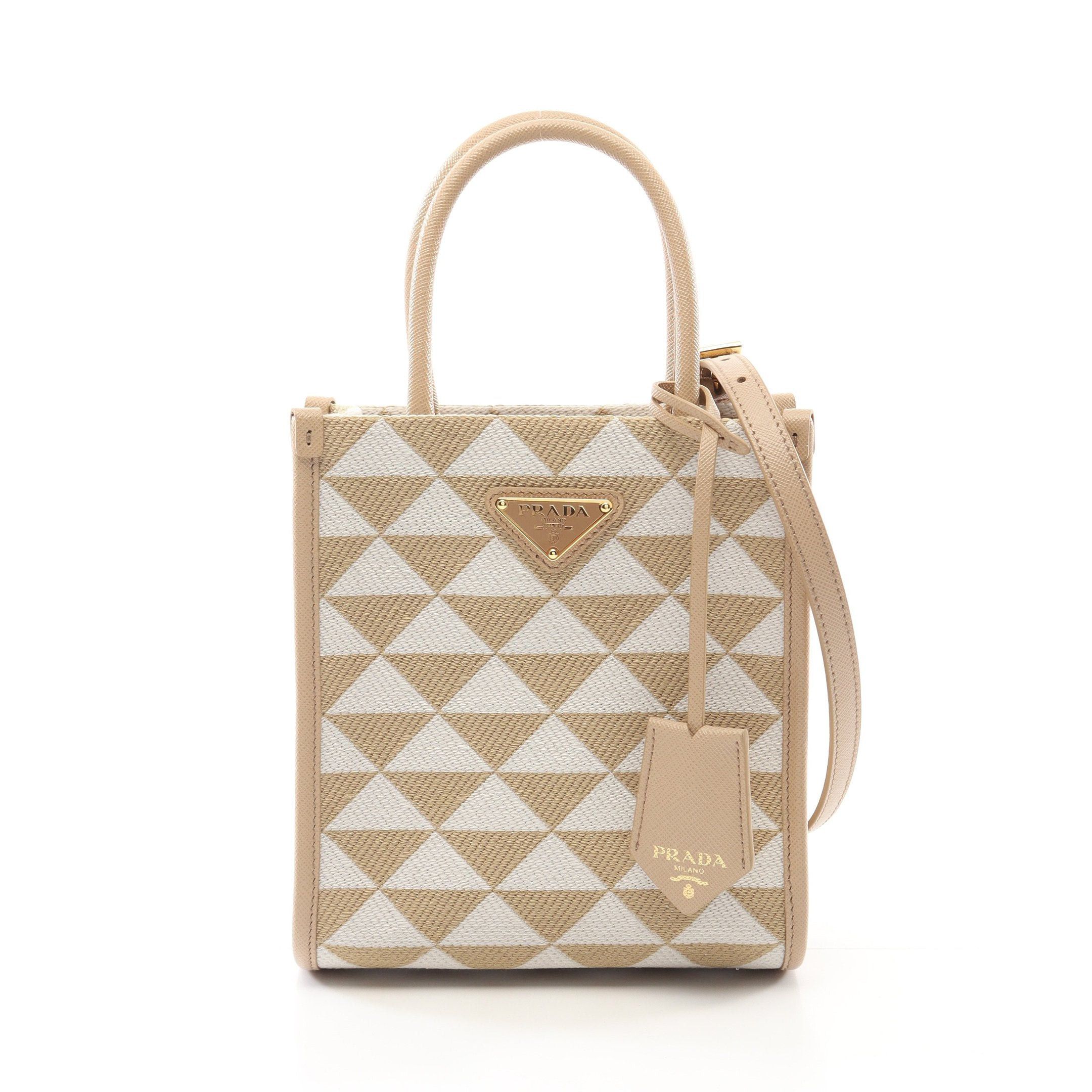 Prada Triangolo Jacquard Symbol Embroidery Mini Handbag Canvas Saffiano Leather Beige Off White
