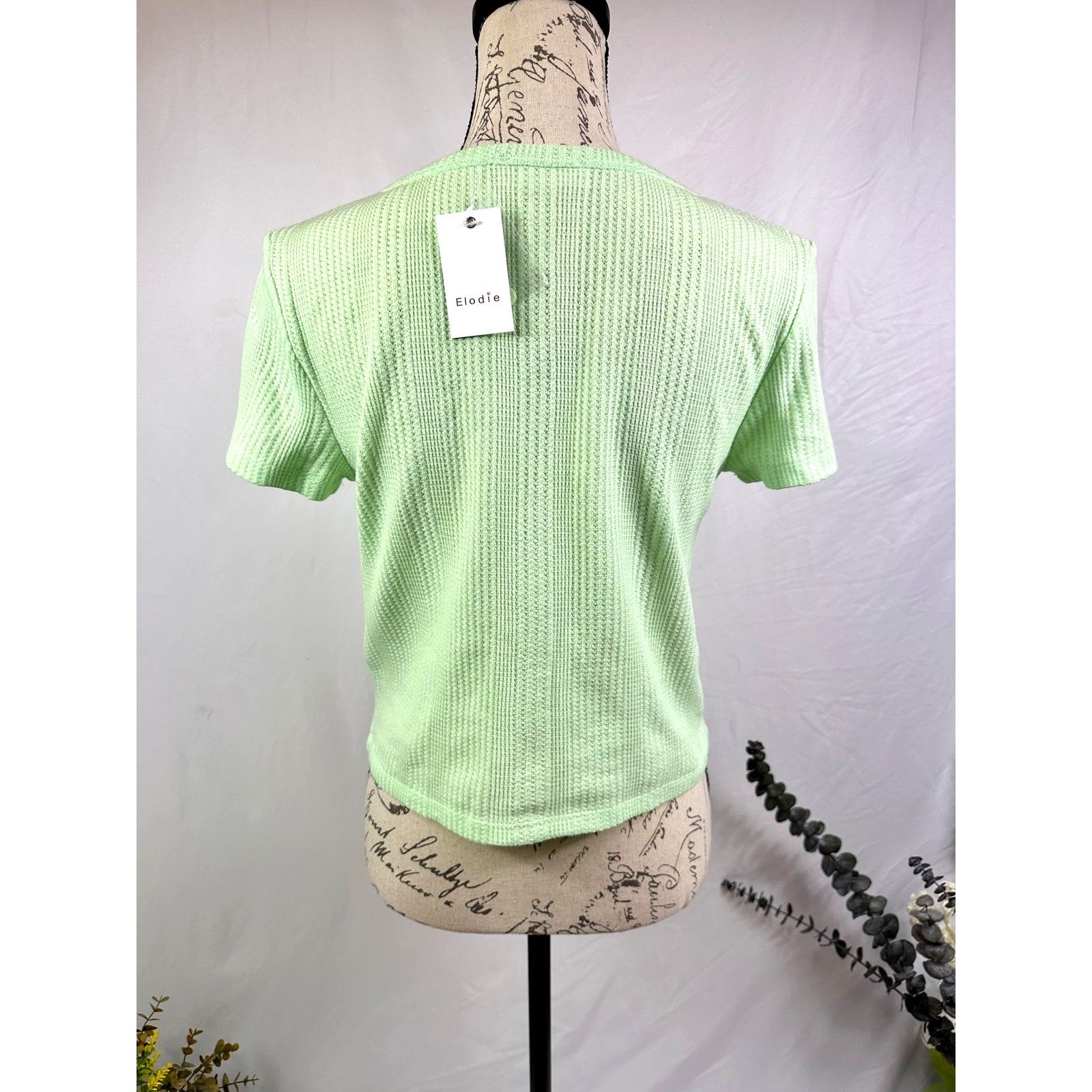 Other Elodie Waffle Knit Short Sleeve Button Up Crop Top Green XL Size XL / US 12-14 / IT 48-50 - 11 Thumbnail