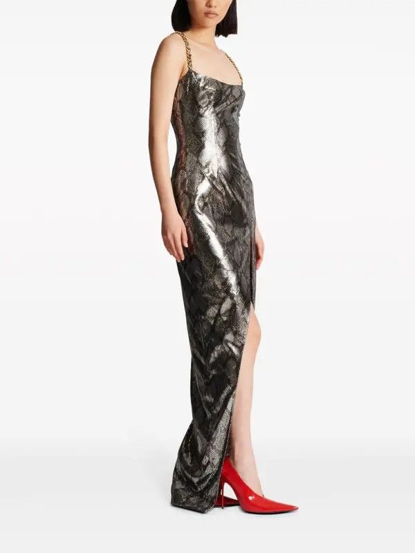 Balmain o1s1wg110825 Python Print Metallic Maxi Dress in Silver Size XL / US 12-14 / IT 48-50 - 3 Thumbnail
