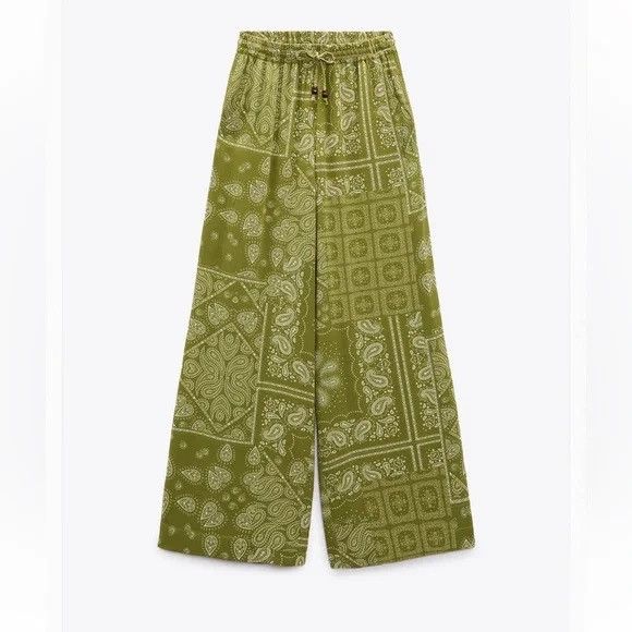 Zara Zara Womens Paisley Bandana Print Green Satin Pants Size 27" / US 4 / IT 40 - 1 Thumbnail